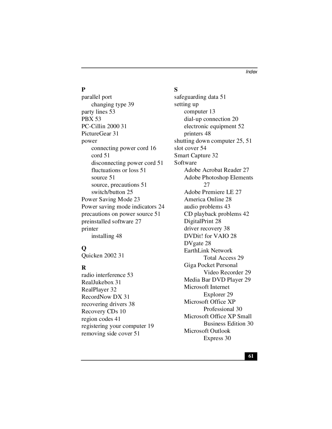 Sony Countertop Computer quick start Index 