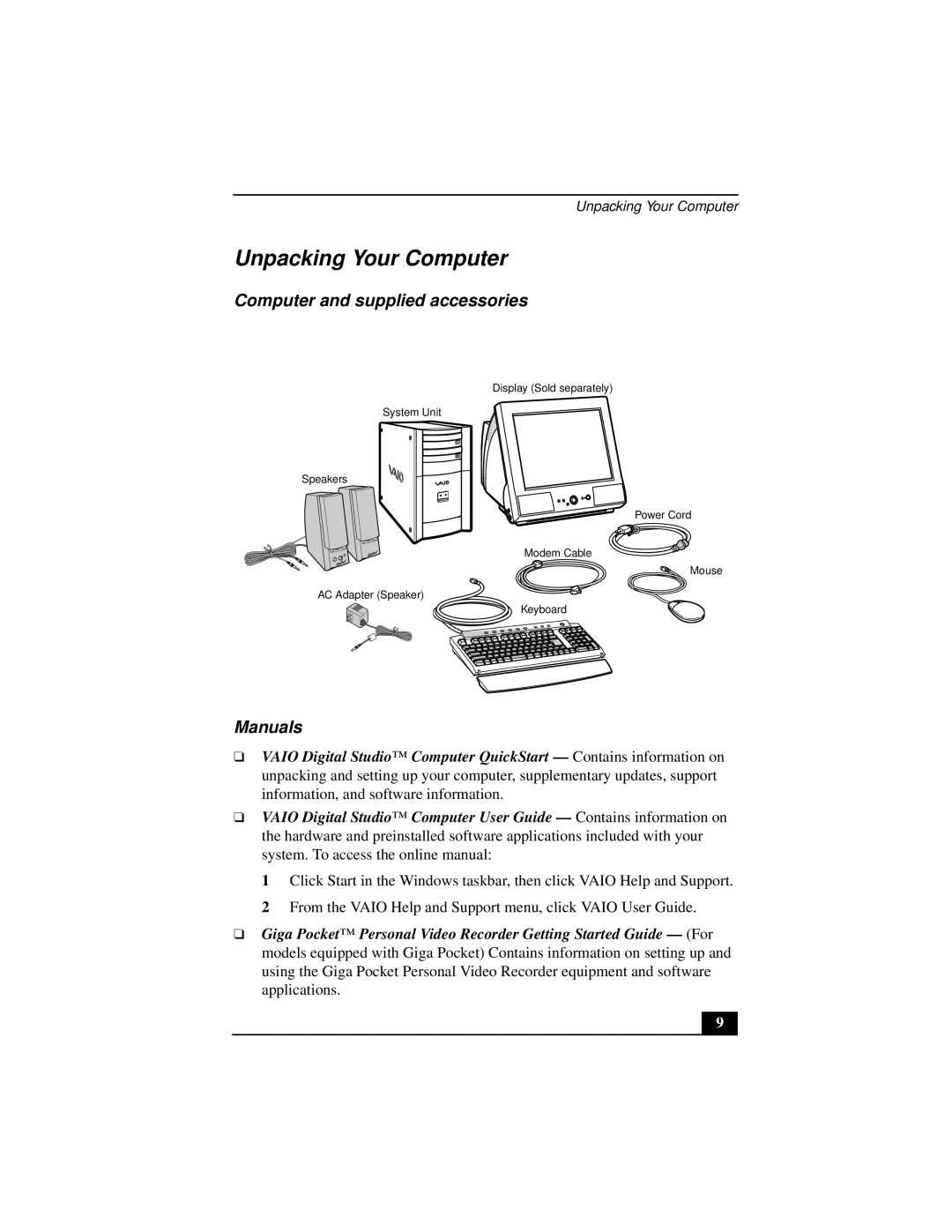 Sony Countertop Computer quick start Unpacking Your Computer, Computer and supplied accessories, Manuals 