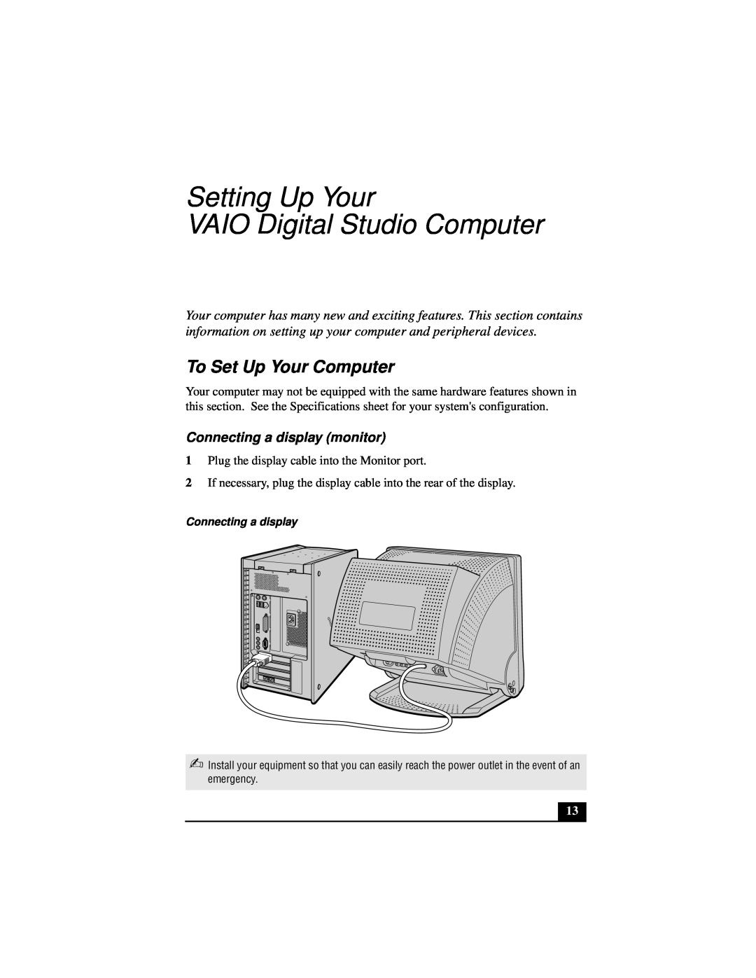 Sony Countertop Computer quick start Setting Up Your VAIO Digital Studio Computer, To Set Up Your Computer 