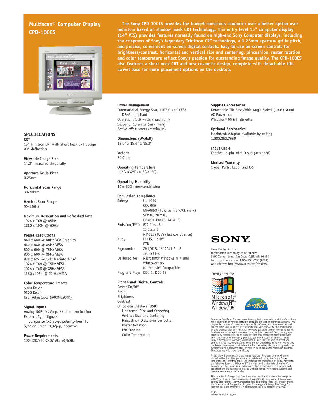 Sony CPD-100ES manual Specifications 