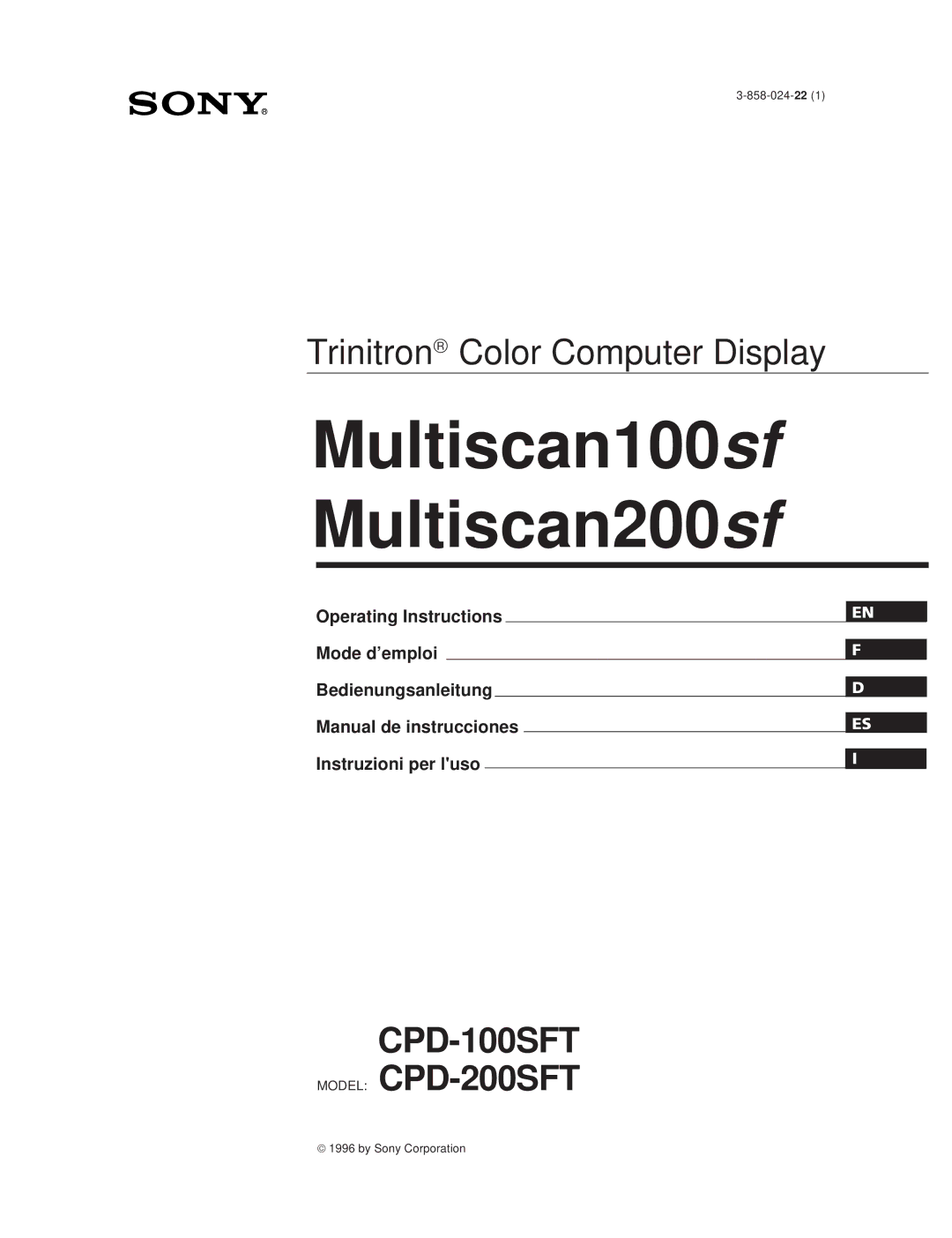 Sony CPD-100SFT manual Multiscan100sf Multiscan200sf 