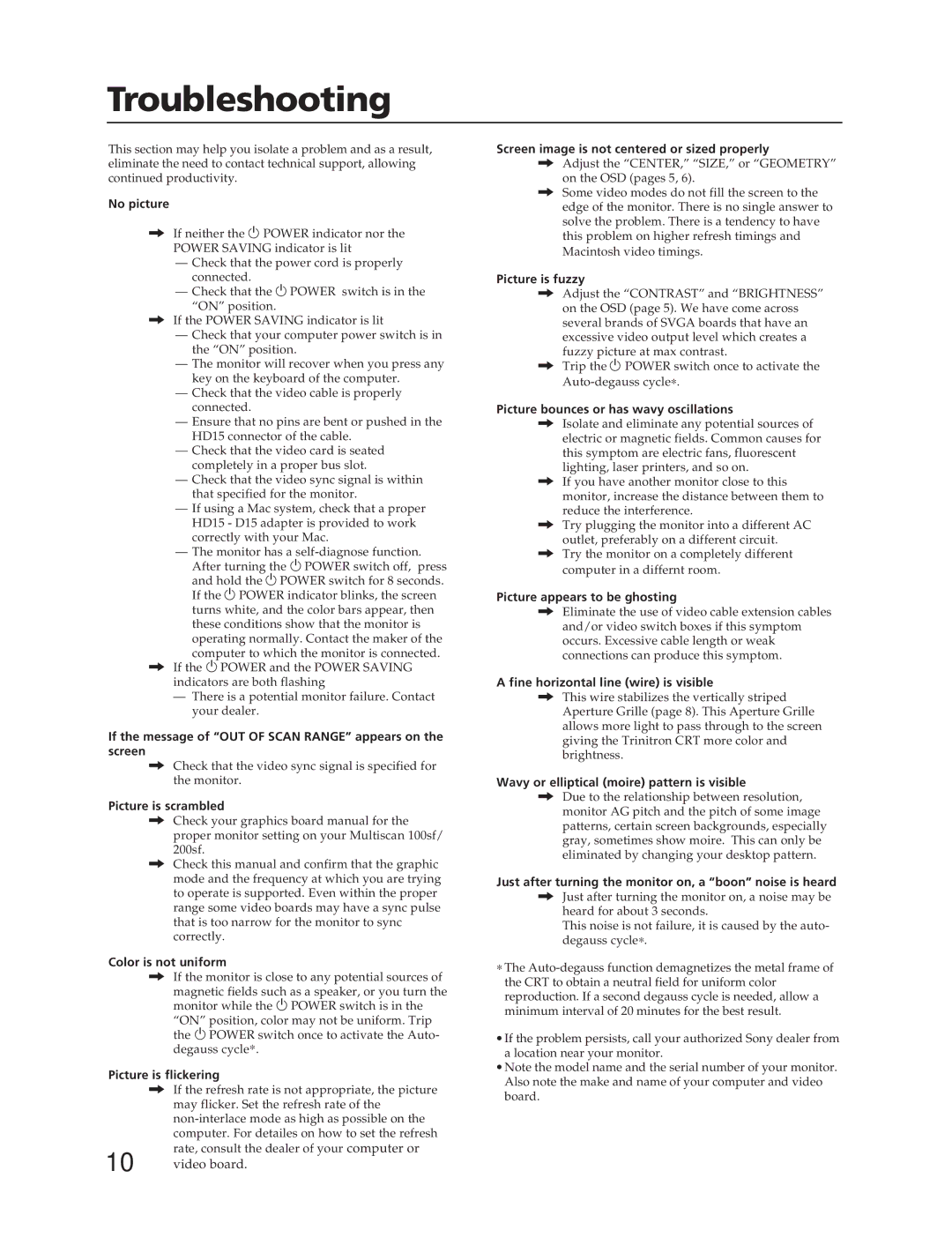 Sony CPD-100SFT manual Troubleshooting 