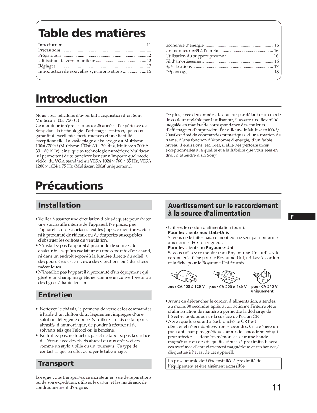 Sony CPD-100SFT manual Table des matières, Précautions, Entretien, Transport 