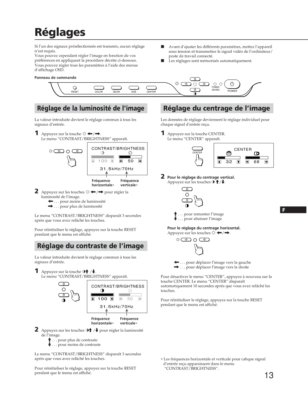 Sony CPD-100SFT manual Réglages, Réglage du centrage de l’image, Réglage du contraste de l’image 