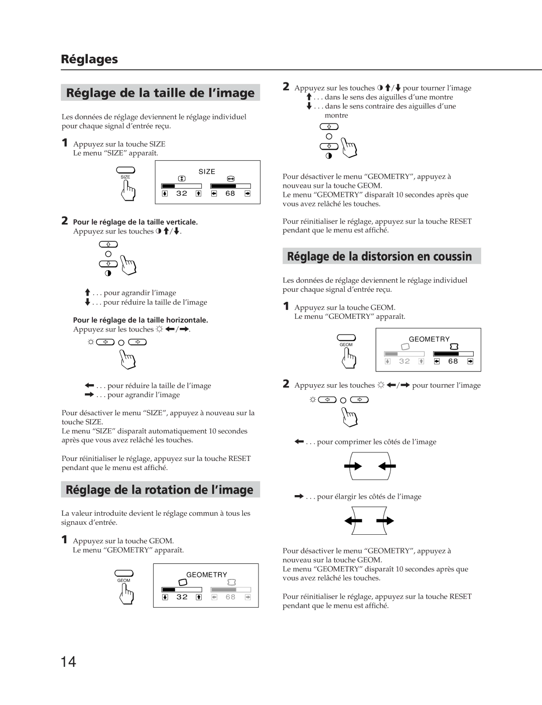 Sony CPD-100SFT manual Réglages Réglage de la taille de l’image, Réglage de la rotation de l’image 