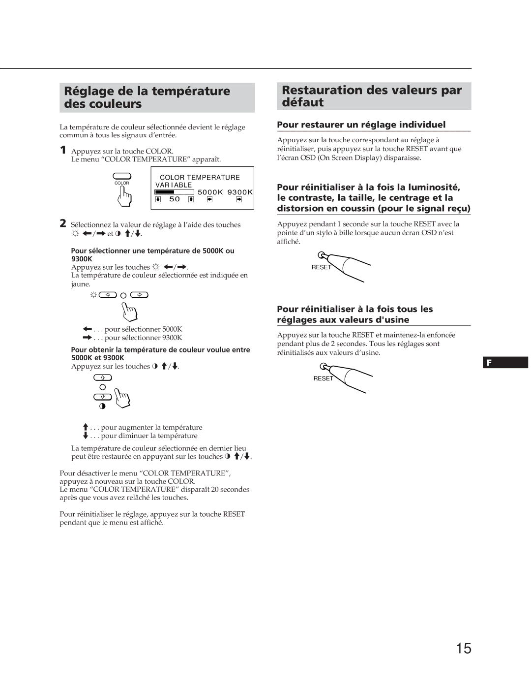 Sony CPD-100SFT manual Réglage de la température des couleurs, Restauration des valeurs par défaut 