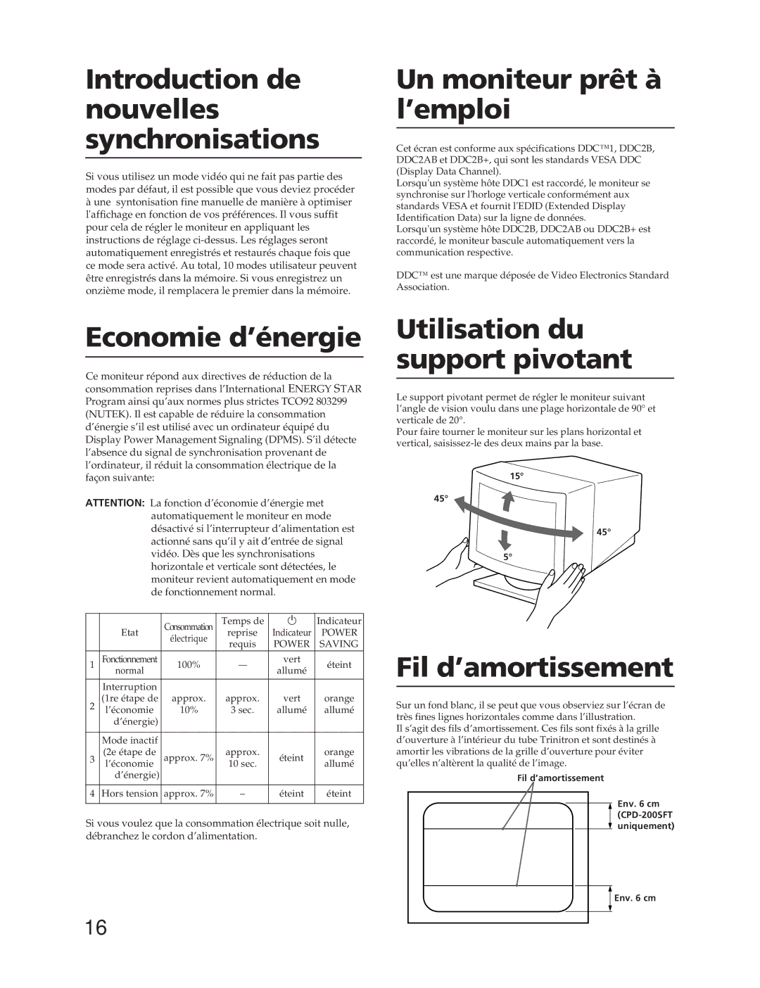 Sony CPD-100SFT manual Introduction de nouvelles synchronisations, Un moniteur prêt à l’emploi, Economie d’énergie 