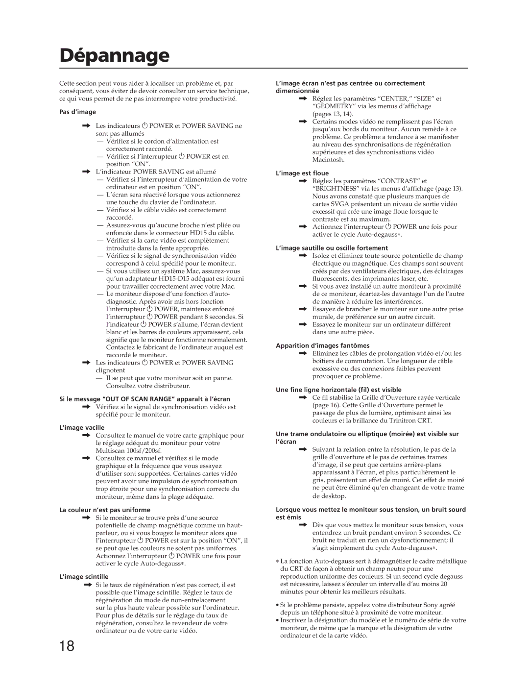 Sony CPD-100SFT manual Dépannage 