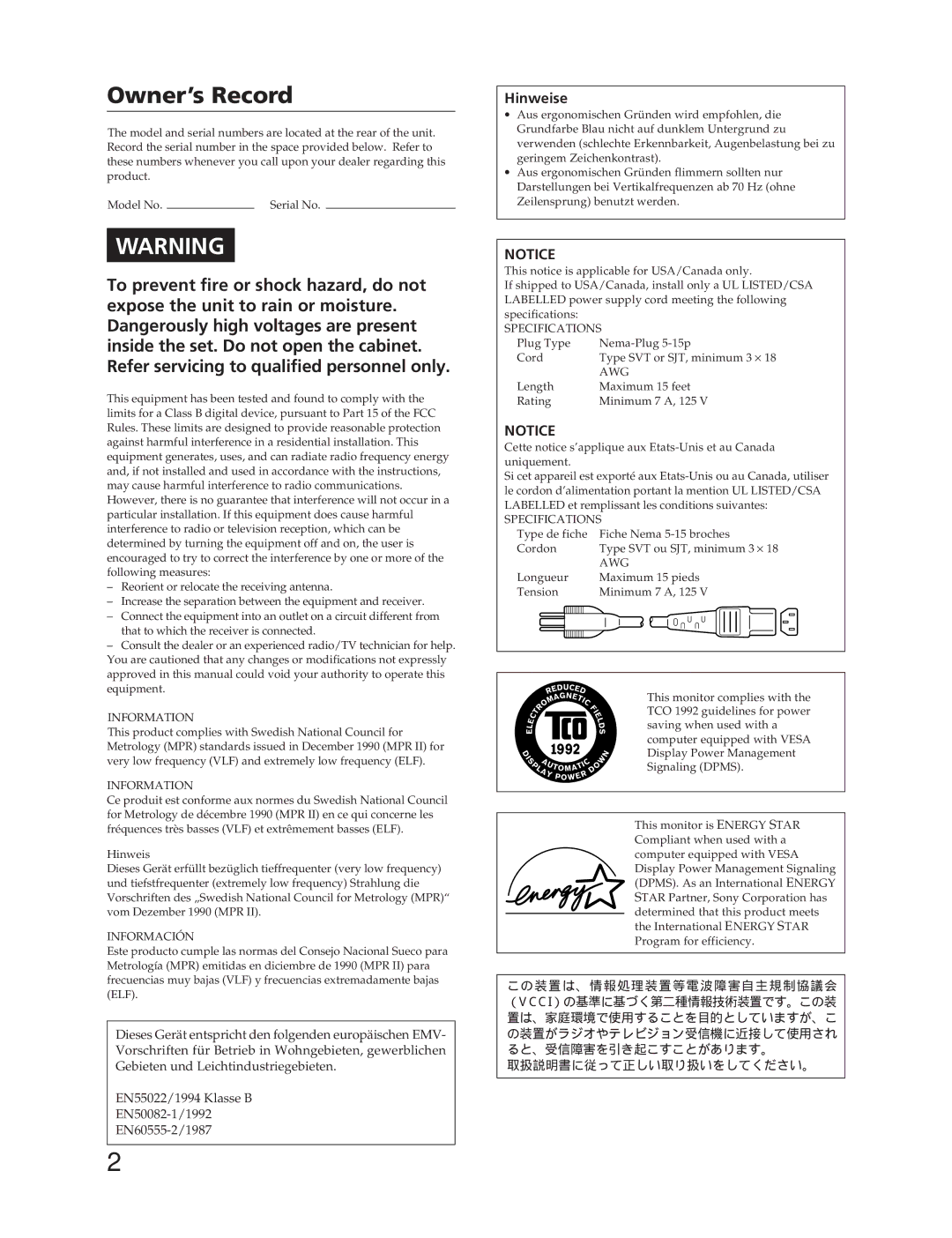 Sony CPD-100SFT manual Owner’s Record 