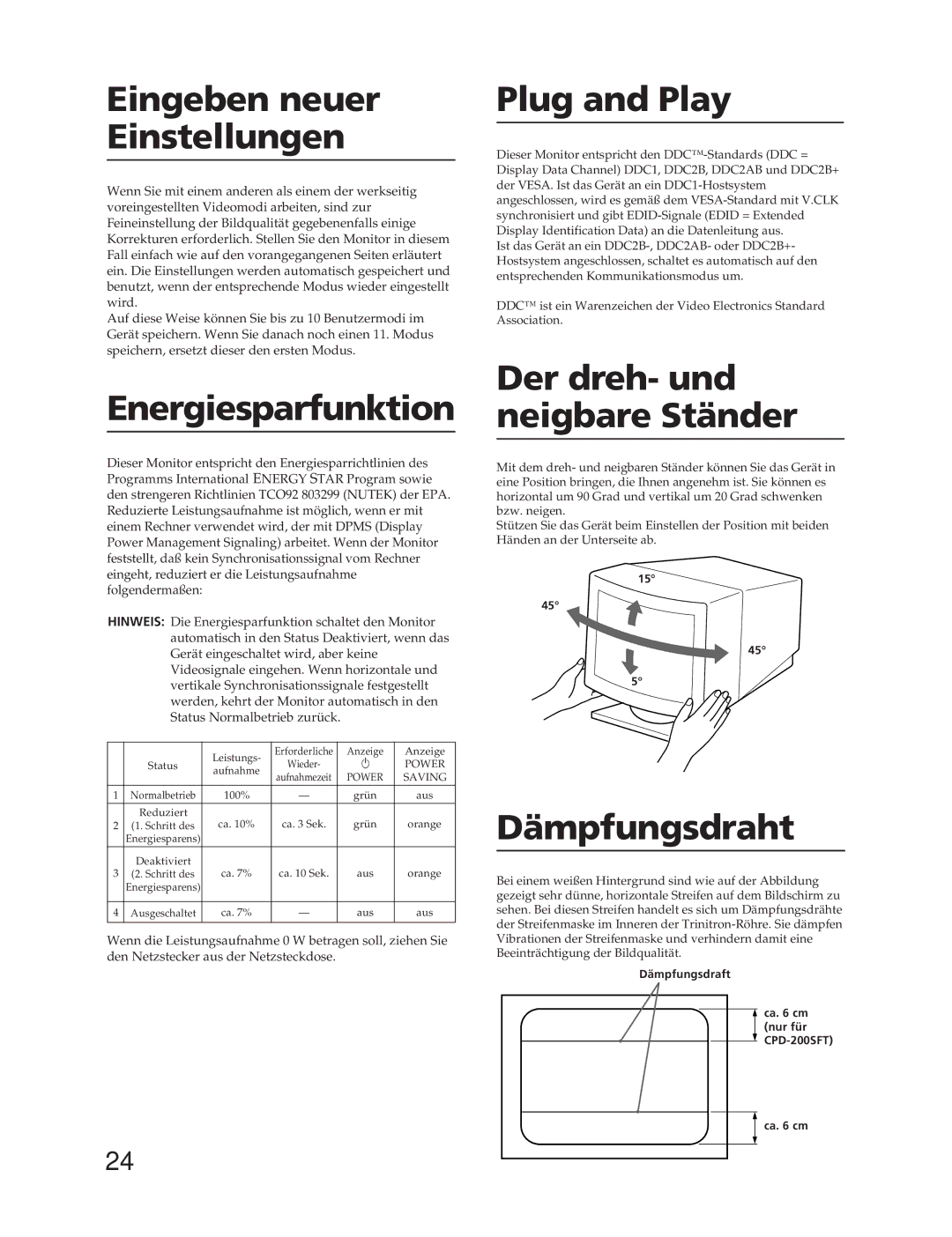 Sony CPD-100SFT manual Eingeben neuer Einstellungen, Energiesparfunktion, Der dreh- und neigbare Ständer, Dämpfungsdraht 