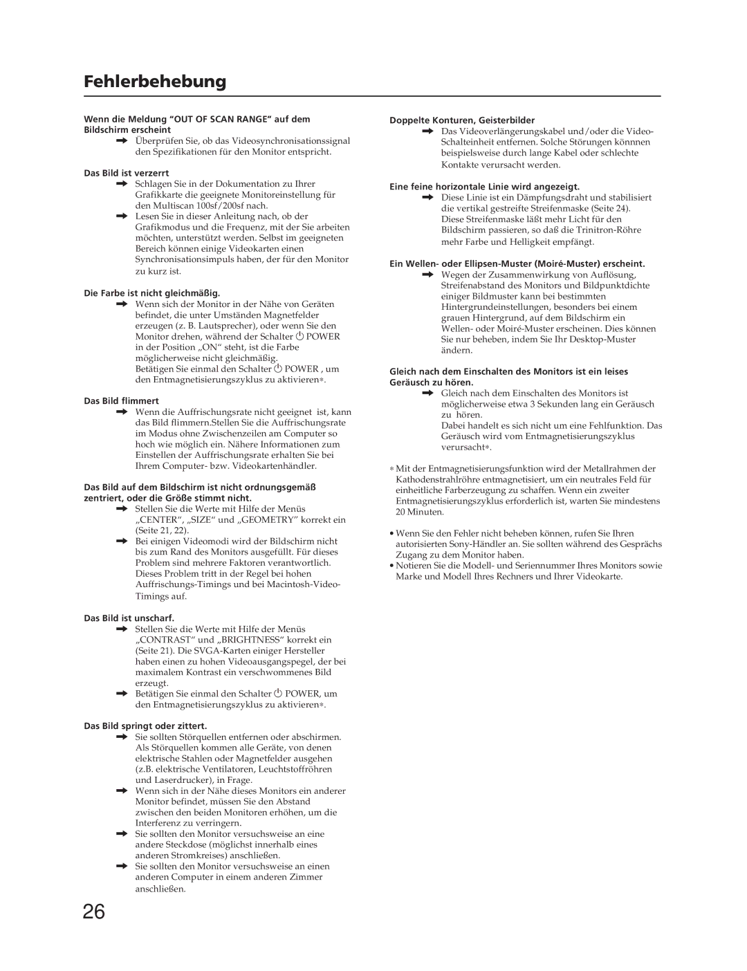 Sony CPD-100SFT manual Fehlerbehebung 