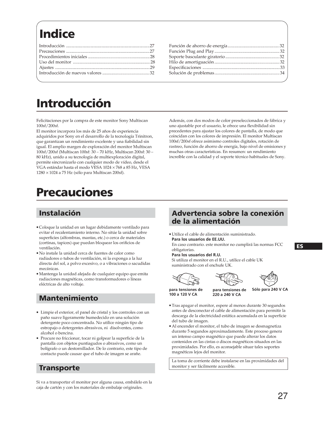 Sony CPD-100SFT manual Indice, Introducción, Precauciones 