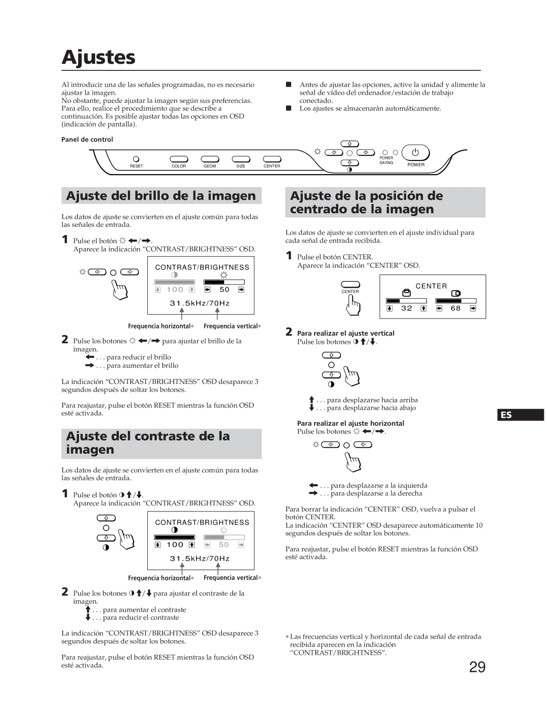 Sony CPD-100SFT manual Ajustes, Ajuste del brillo de la imagen, Ajuste del contraste de la imagen 