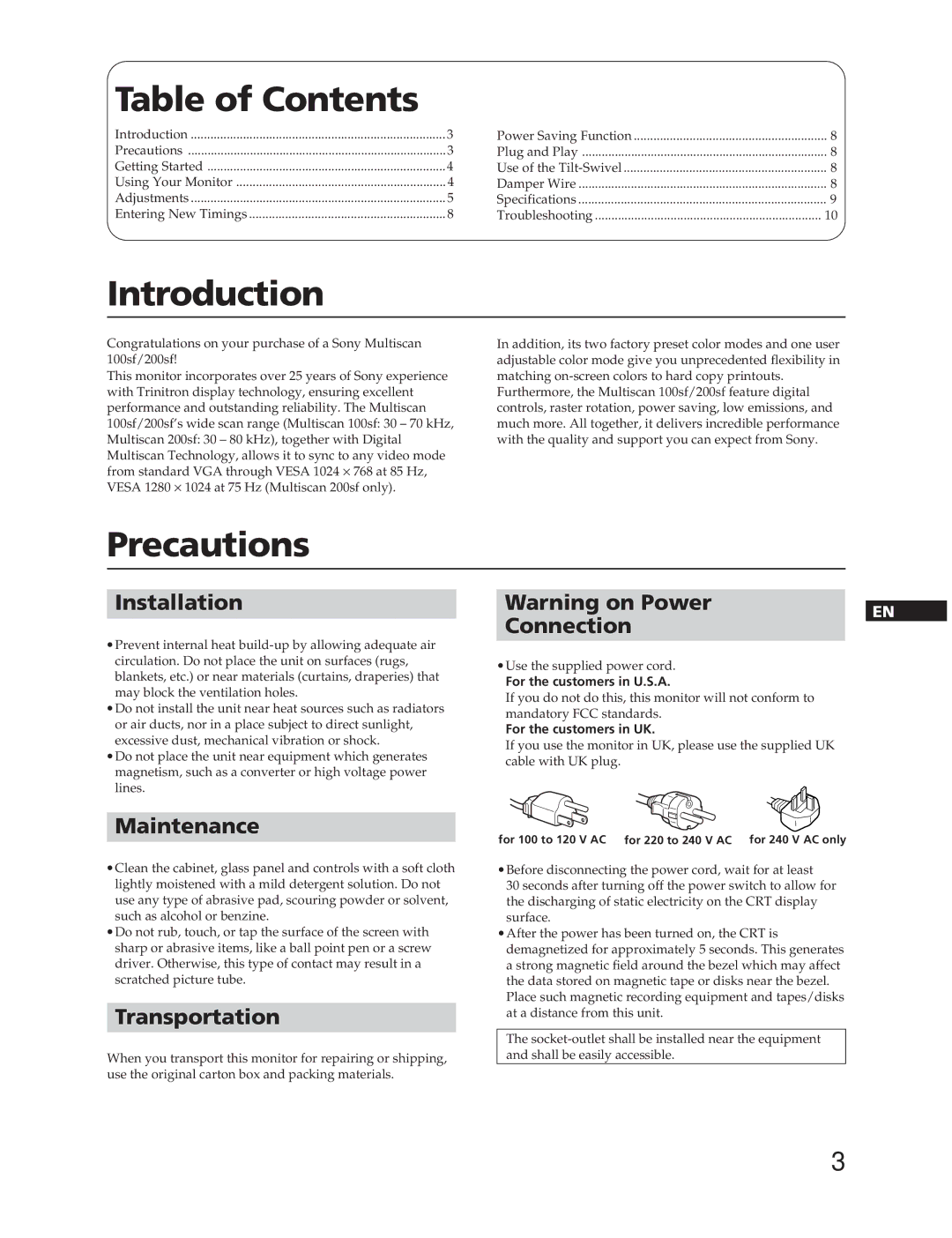 Sony CPD-100SFT manual Table of Contents, Introduction, Precautions 