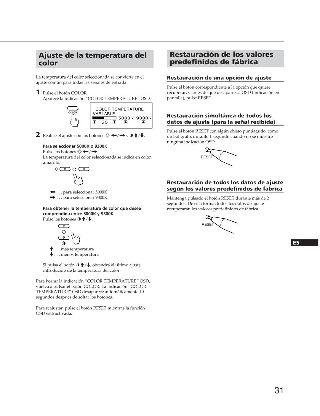 Sony CPD-100SFT manual Ajuste de la temperatura del color, Restauración de los valores predefinidos de fábrica 