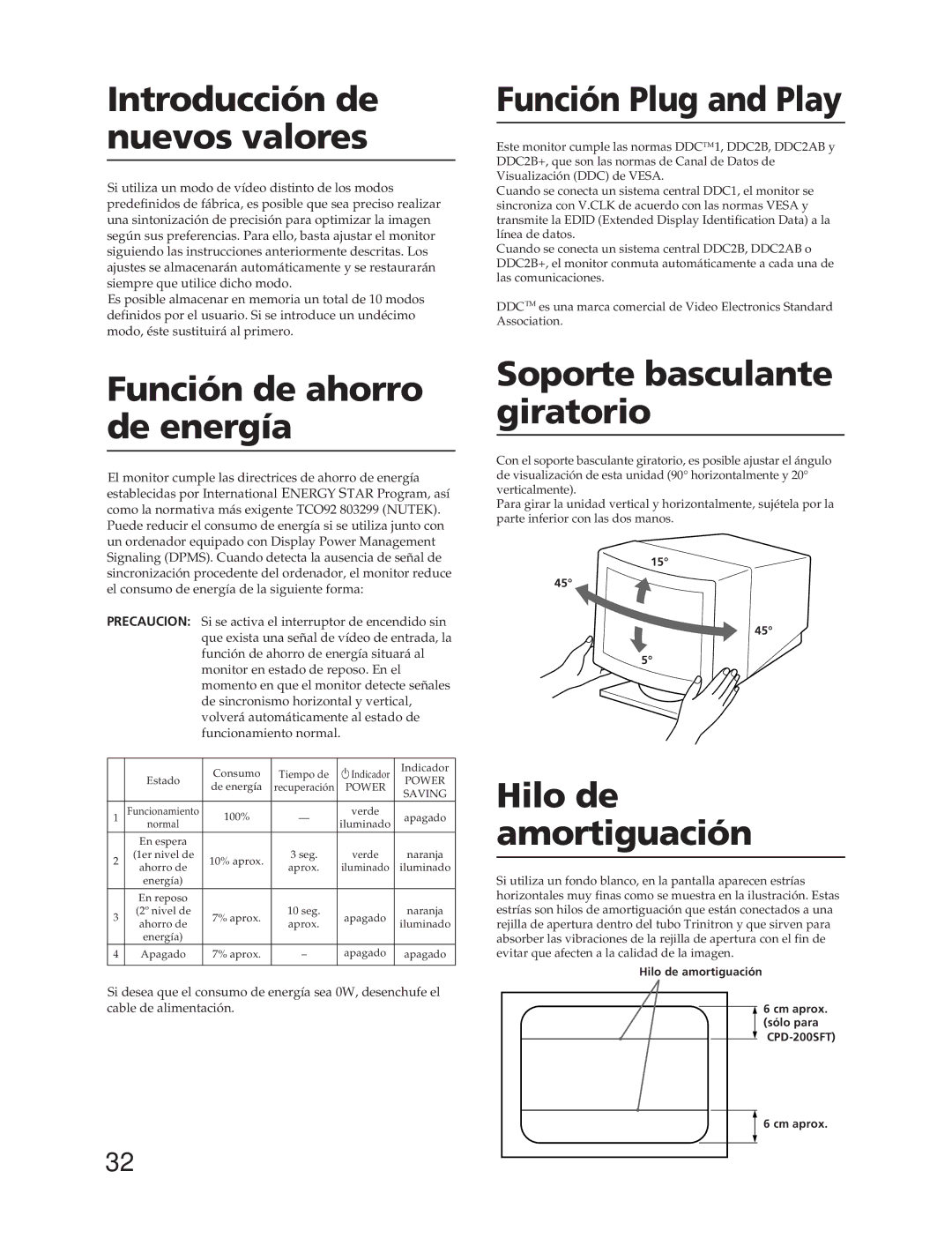 Sony CPD-100SFT Introducción de nuevos valores, Función de ahorro de energía, Función Plug and Play, Hilo de amortiguación 