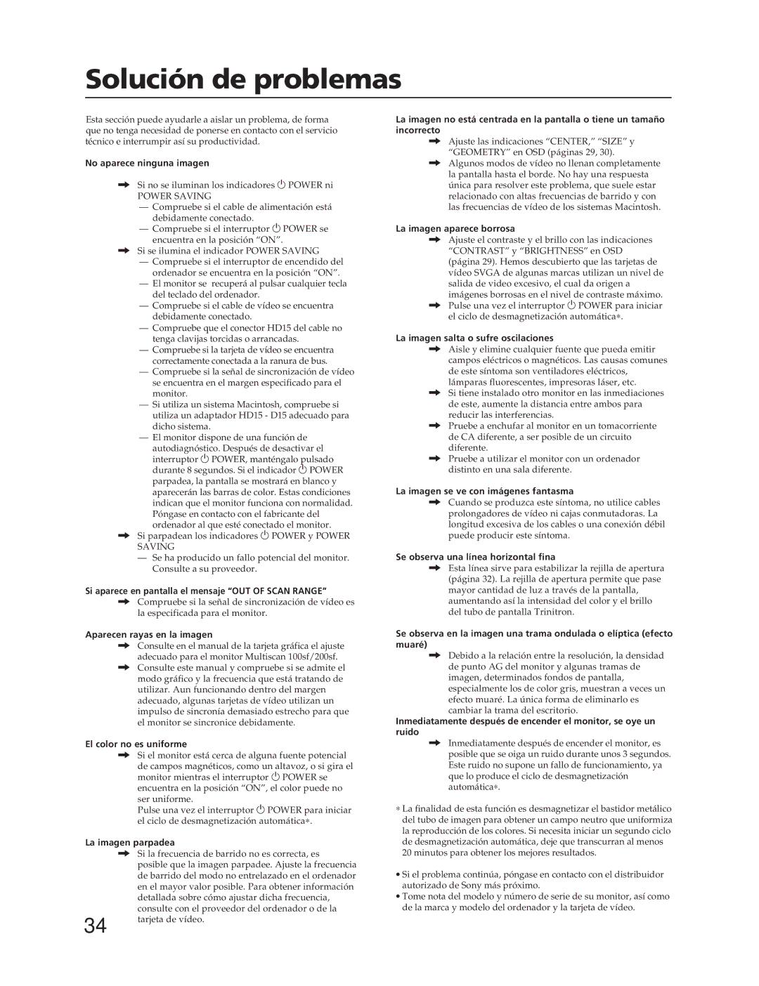 Sony CPD-100SFT manual Solución de problemas 