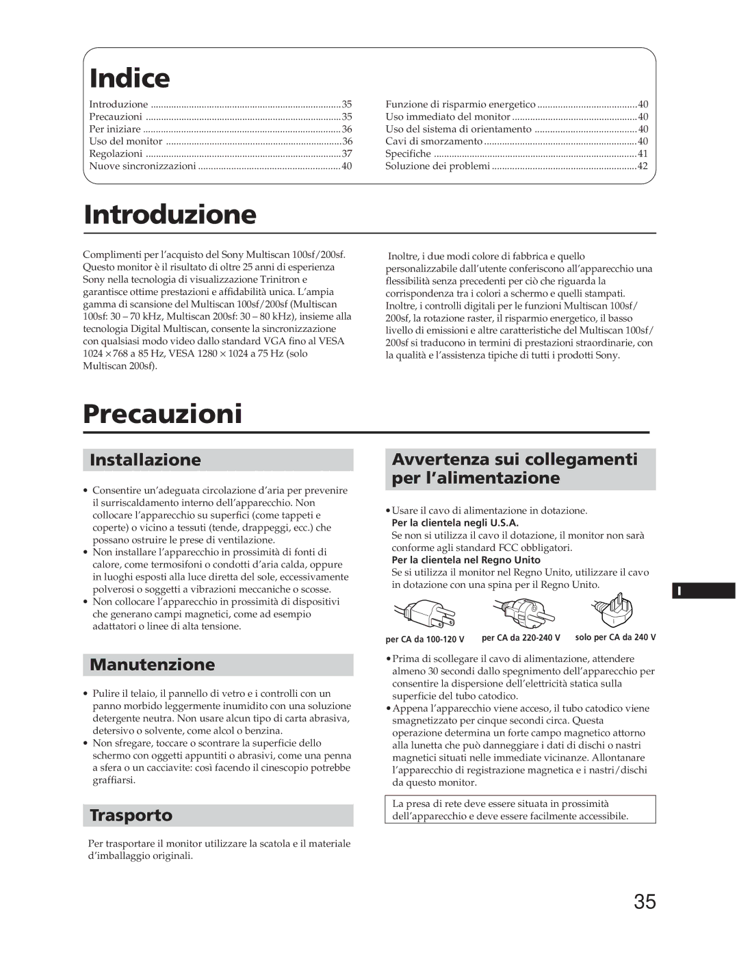 Sony CPD-100SFT manual Introduzione, Precauzioni 