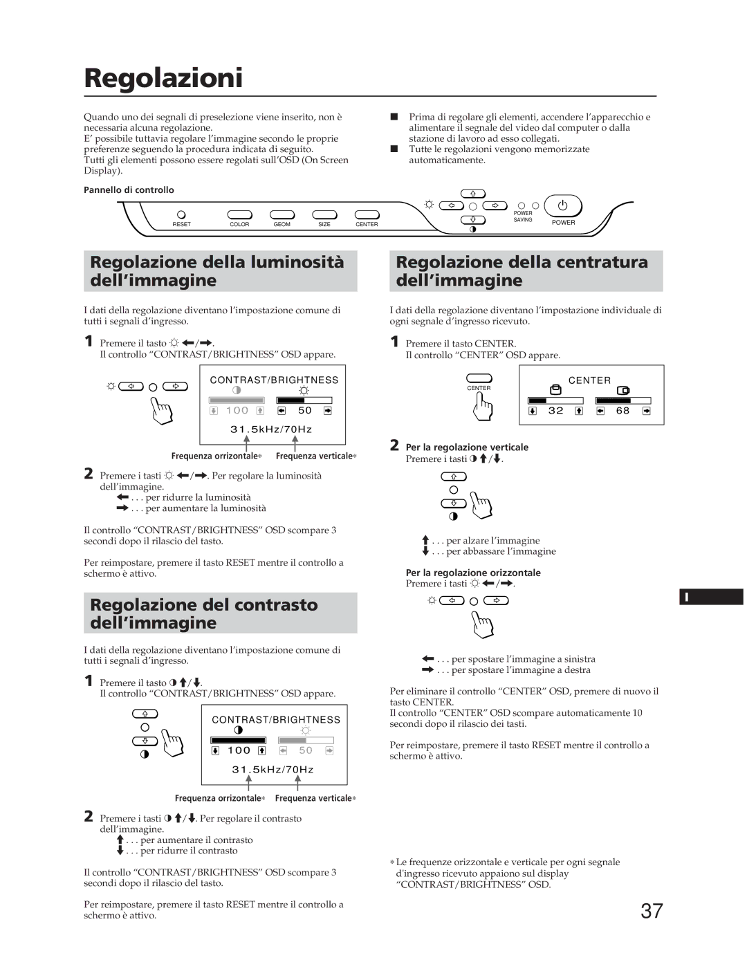 Sony CPD-100SFT manual Regolazioni, Regolazione del contrasto dell’immagine 