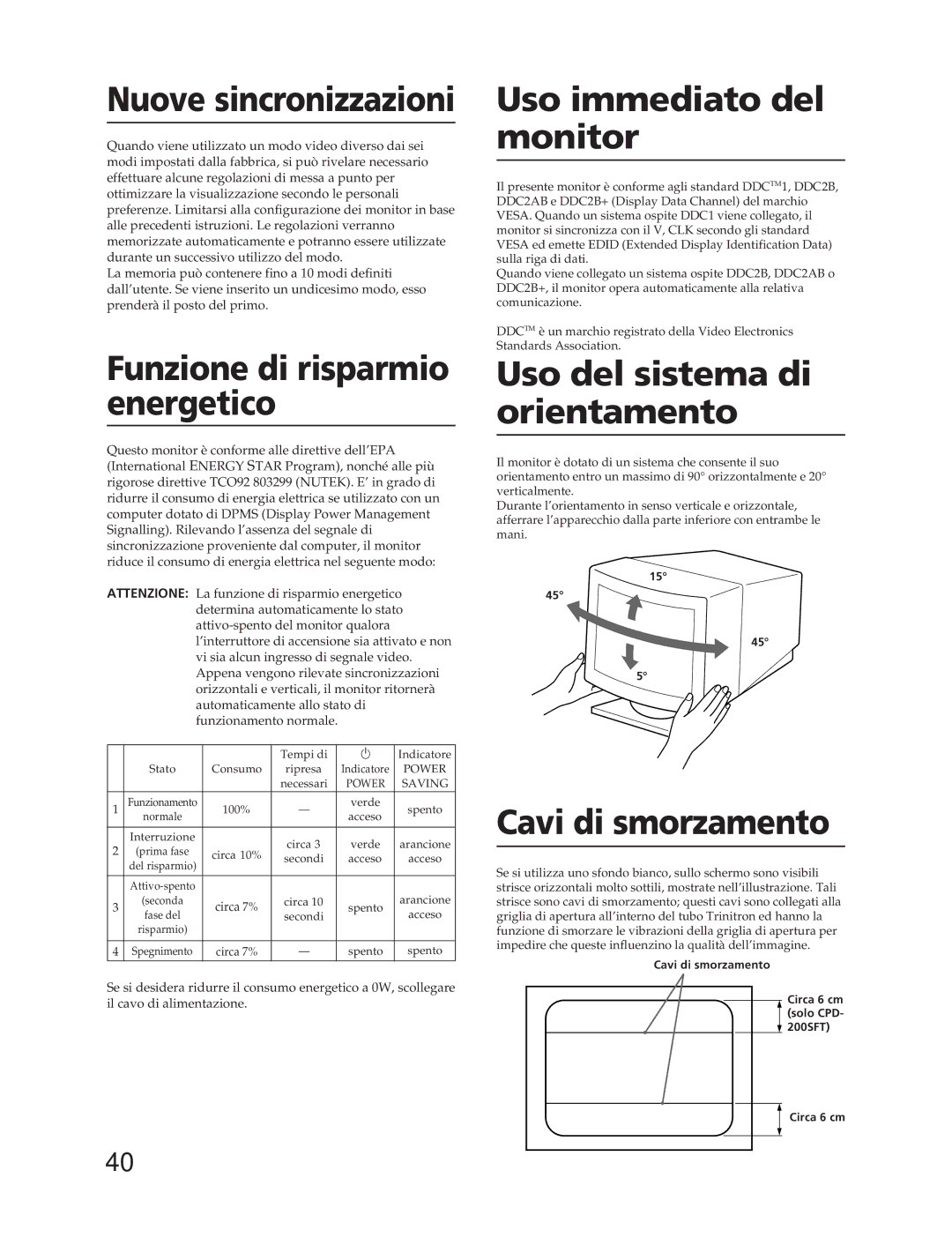 Sony CPD-100SFT Nuove sincronizzazioni, Funzione di risparmio energetico, Uso immediato del monitor, Cavi di smorzamento 