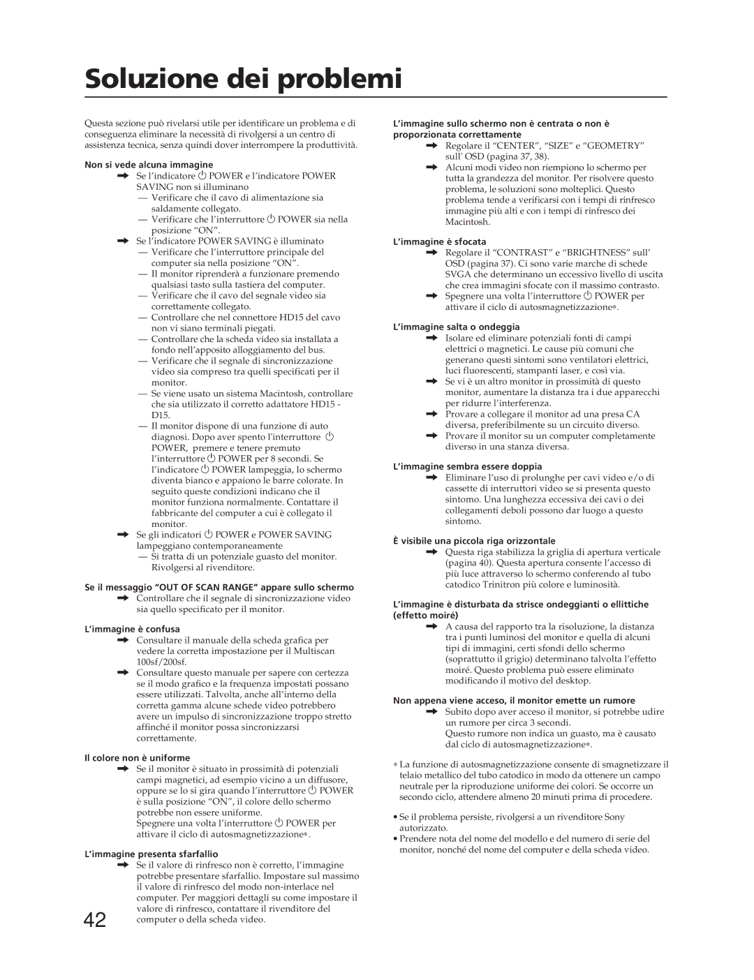 Sony CPD-100SFT manual Soluzione dei problemi 