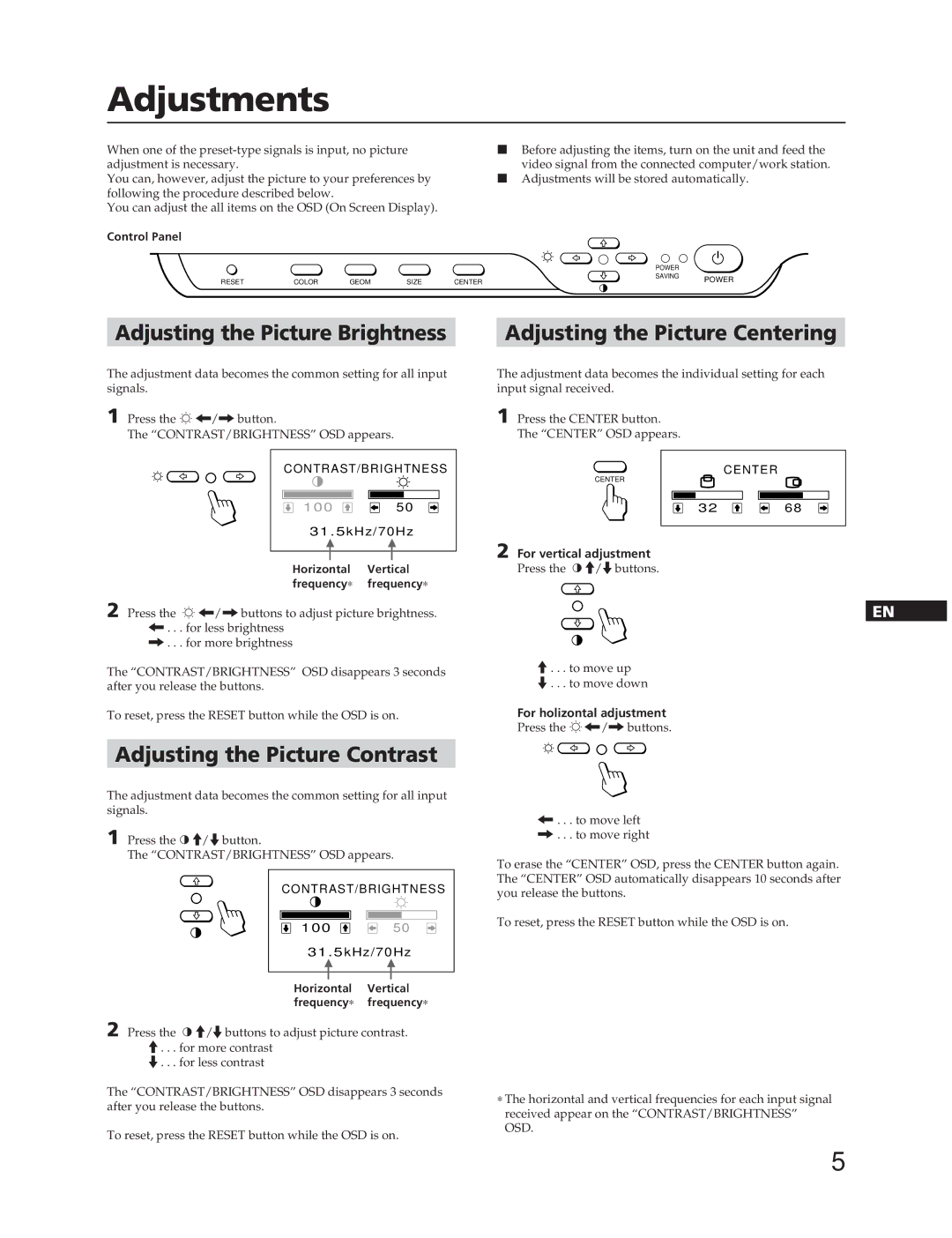 Sony CPD-100SFT manual Adjustments, Adjusting the Picture Contrast 