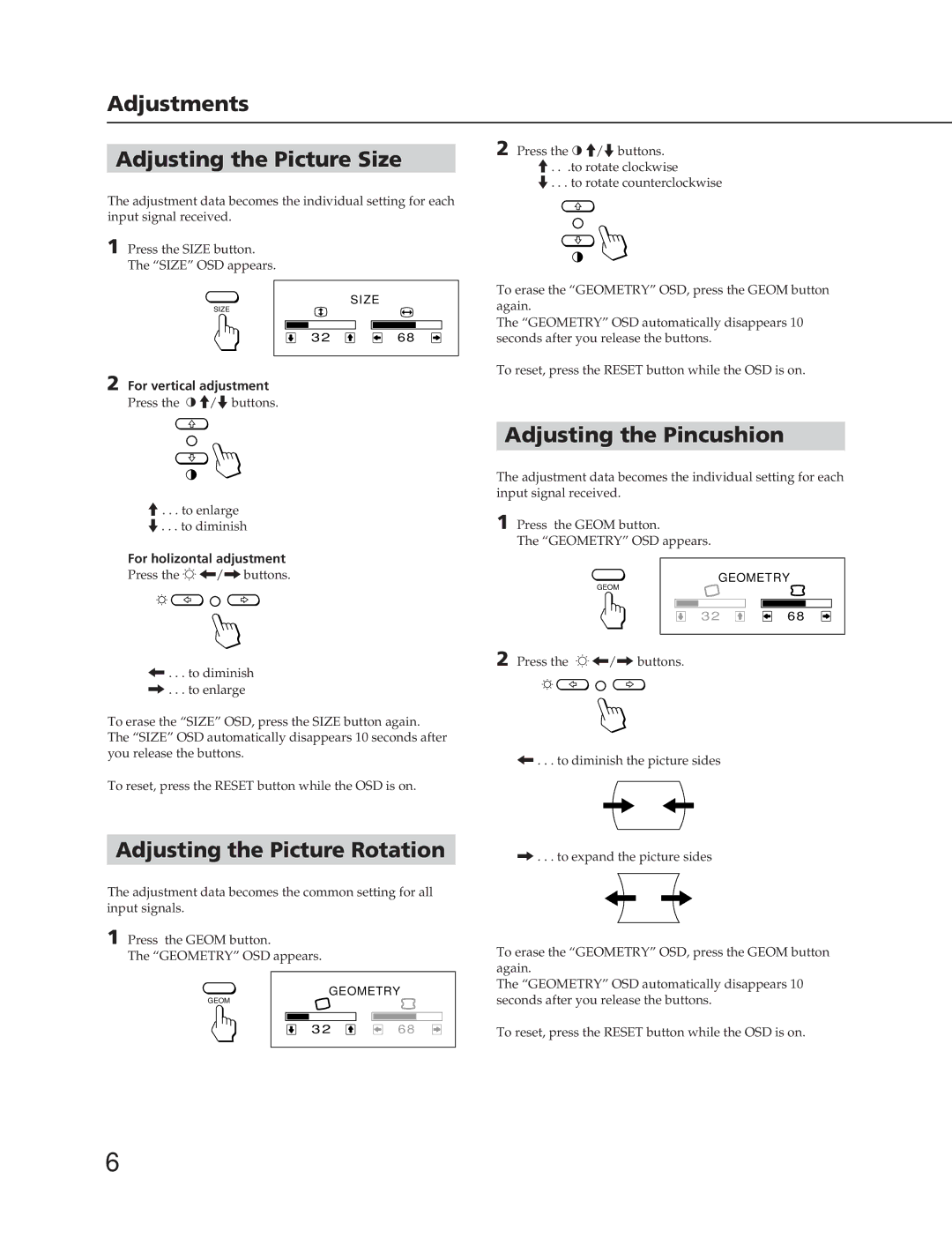 Sony CPD-100SFT manual Adjustments Adjusting the Picture Size, Adjusting the Pincushion, Adjusting the Picture Rotation 