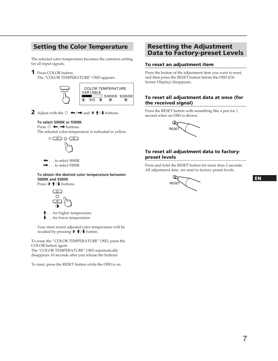 Sony CPD-100SFT manual Setting the Color Temperature, Resetting the Adjustment Data to Factory-preset Levels 