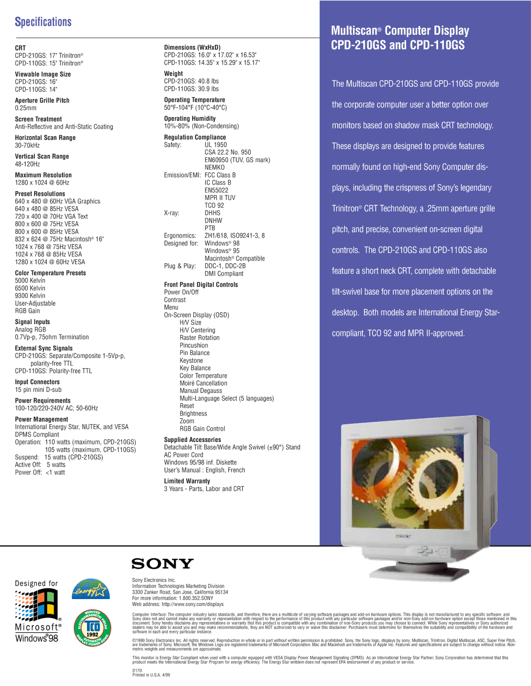 Sony manual Multiscan Computer Display CPD-210GS and CPD-110GS, Crt 