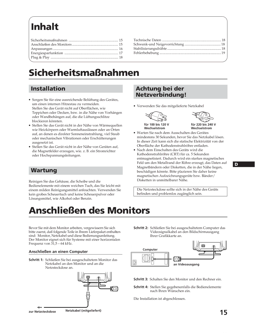 Sony CPD-17F03 manual Inhalt, Sicherheitsmaßnahmen, Anschließen des Monitors, Wartung, Achtung bei der Netzverbindung 