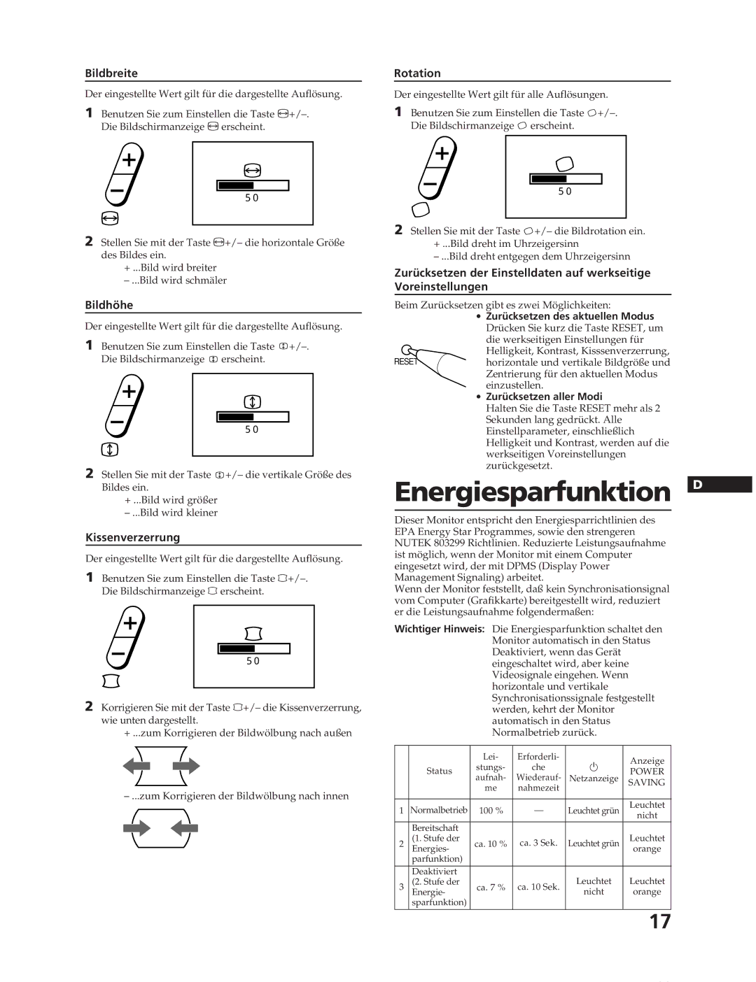 Sony CPD-17F03 manual Energiesparfunktion, Bildbreite, Bildhöhe, Kissenverzerrung 