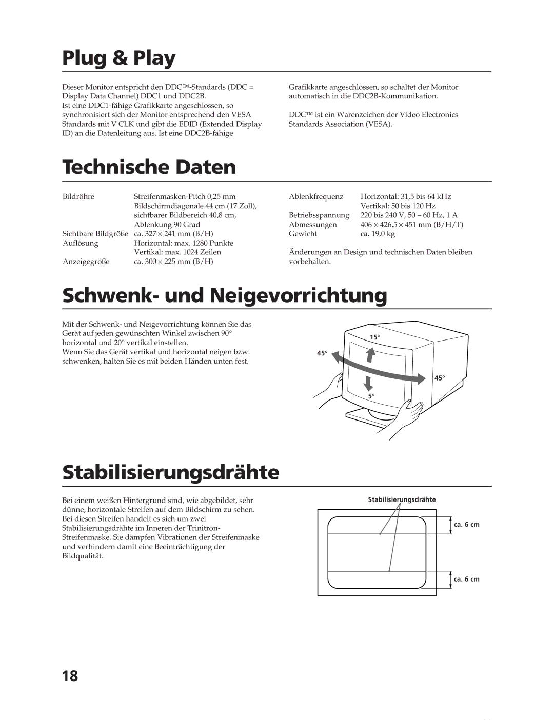 Sony CPD-17F03 manual Plug & Play, Technische Daten, Schwenk- und Neigevorrichtung, Stabilisierungsdrähte 