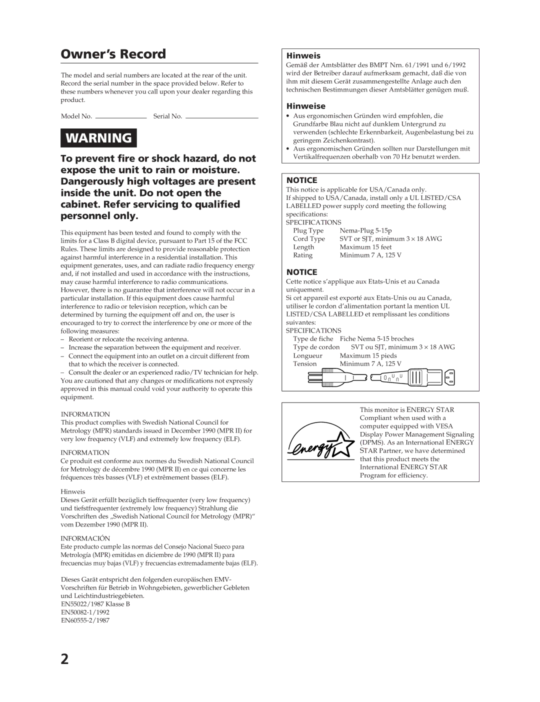 Sony CPD-17F03 manual Hinweise 