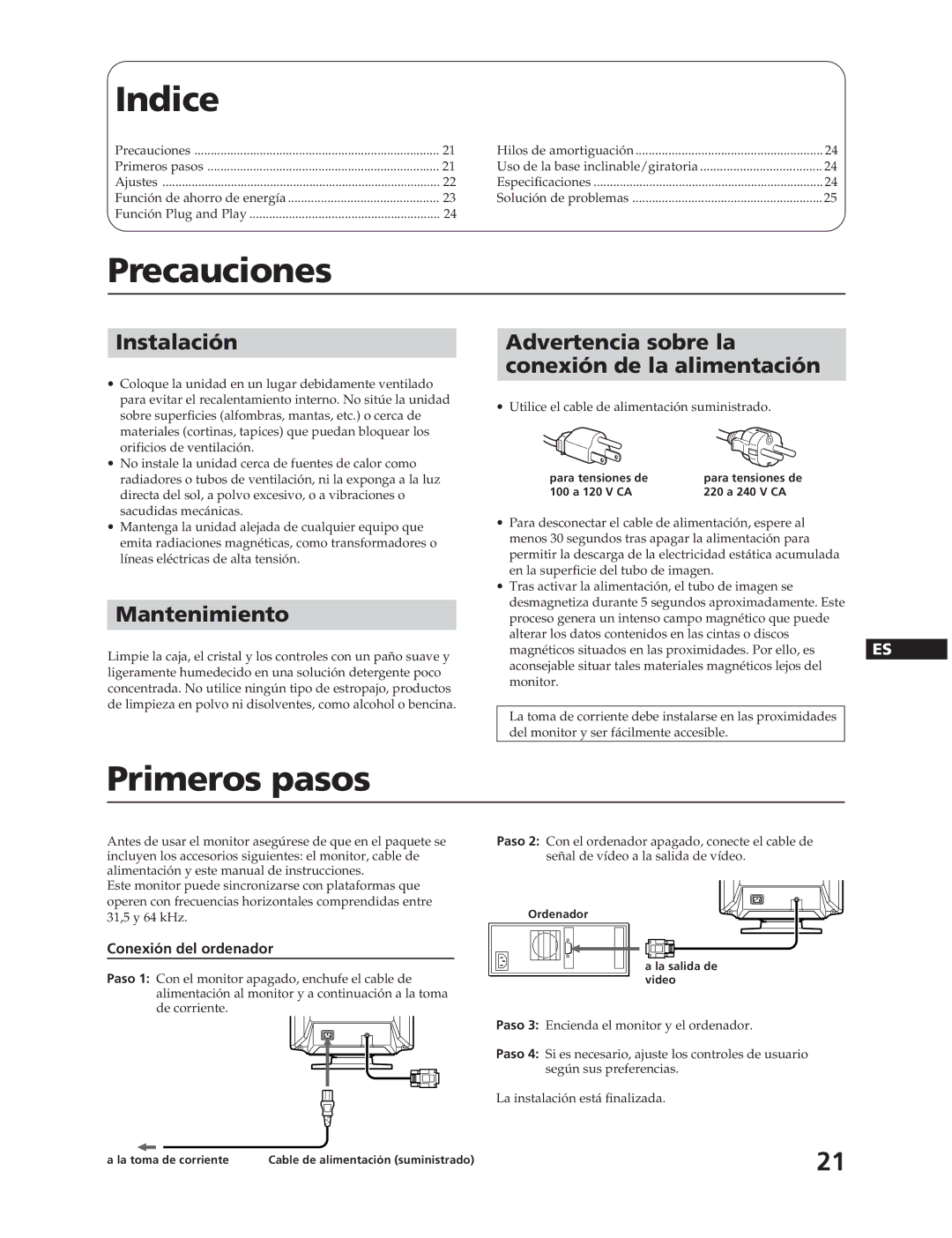 Sony CPD-17F03 manual Indice, Precauciones, Primeros pasos 