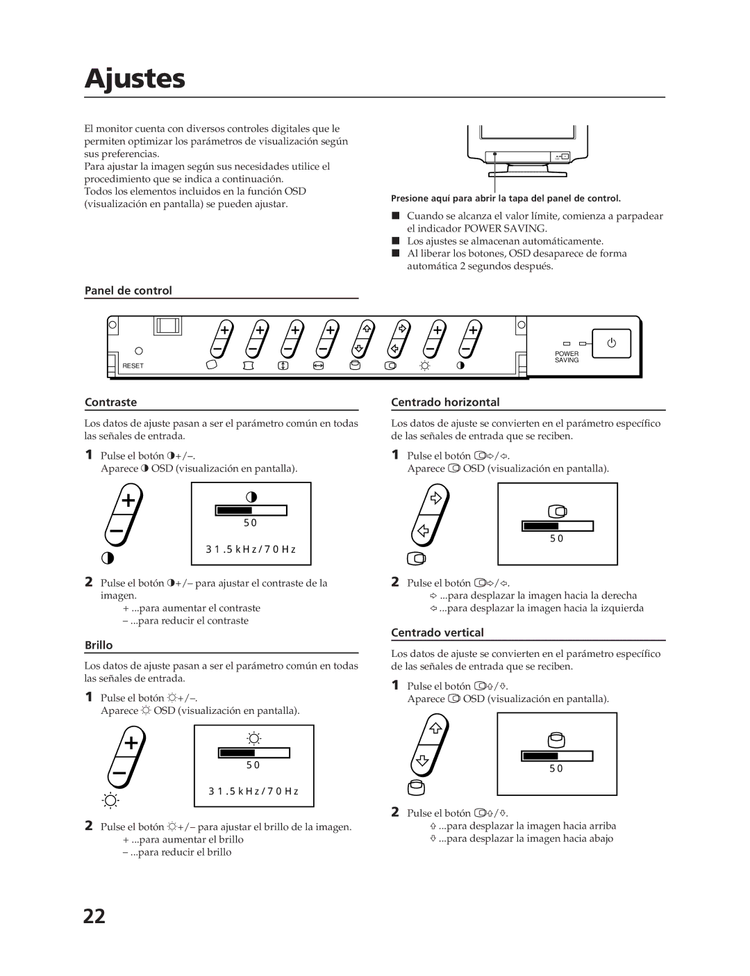 Sony CPD-17F03 manual Ajustes, Panel de control, Brillo, Centrado horizontal, Centrado vertical 