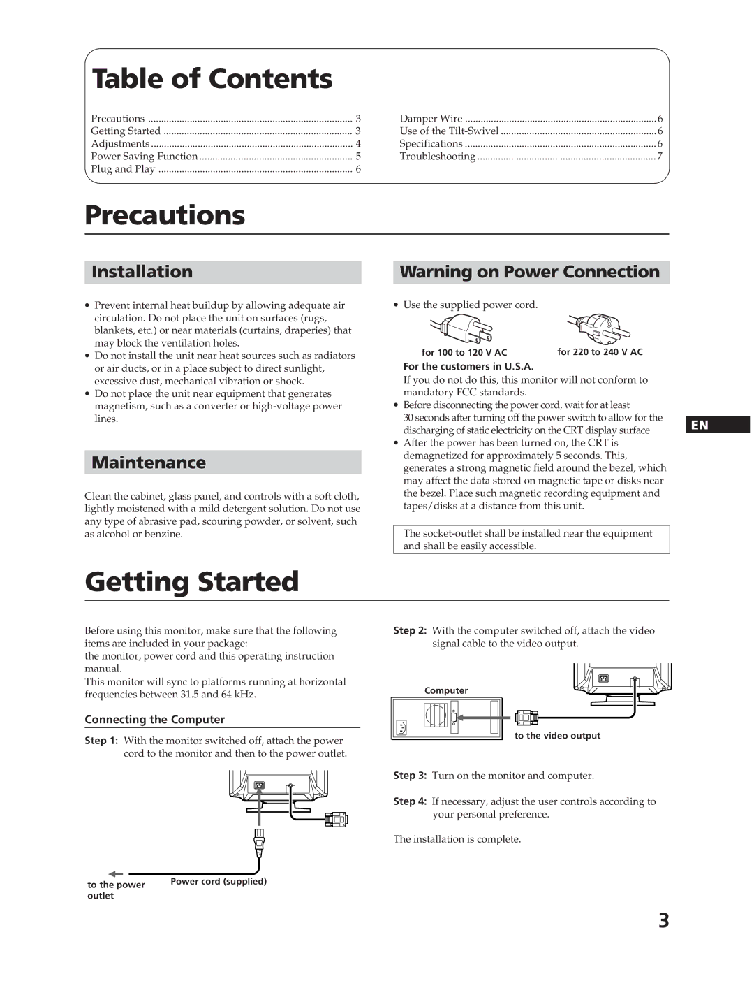 Sony CPD-17F03 manual Table of Contents, Precautions, Getting Started 