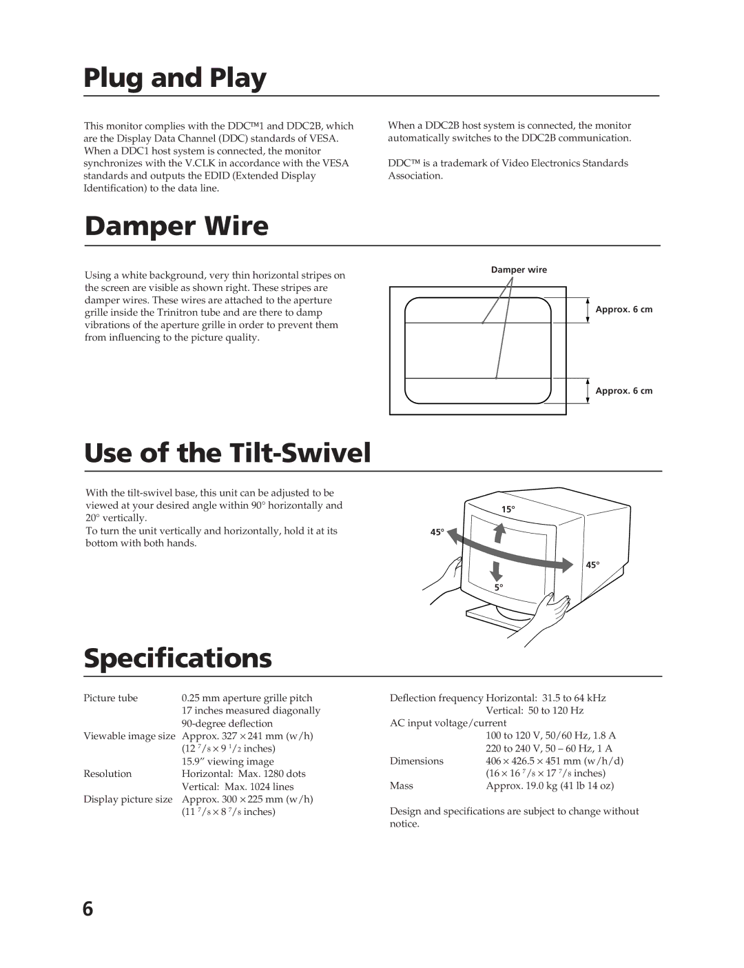 Sony CPD-17F03 manual Plug and Play, Damper Wire, Use of the Tilt-Swivel, Specifications 