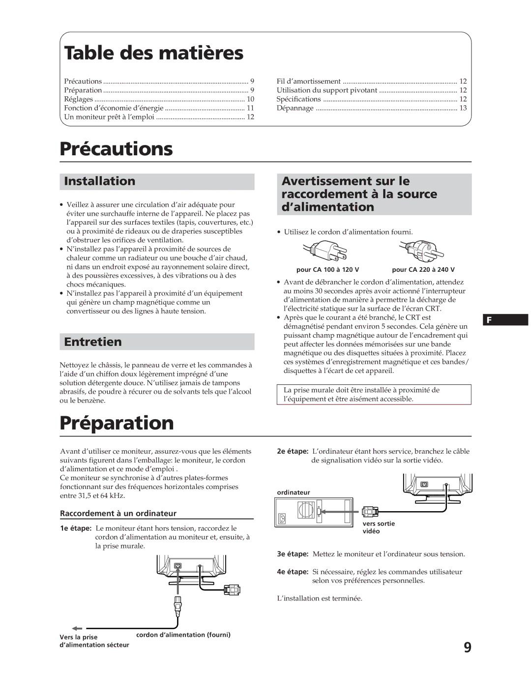 Sony CPD-17F03 manual Table des matières, Précautions, Préparation, Entretien, Raccordement à un ordinateur 