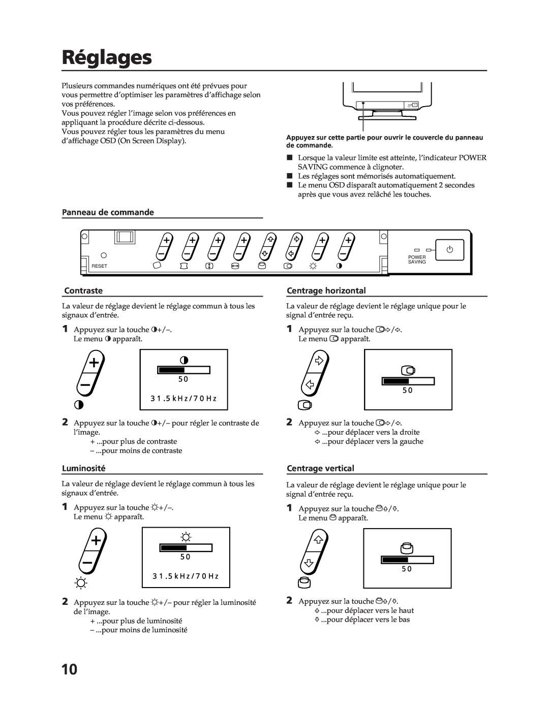 Sony CPD-17F03 manual Réglages, Panneau de commande, Contraste, Luminosité, Centrage horizontal, Centrage vertical 