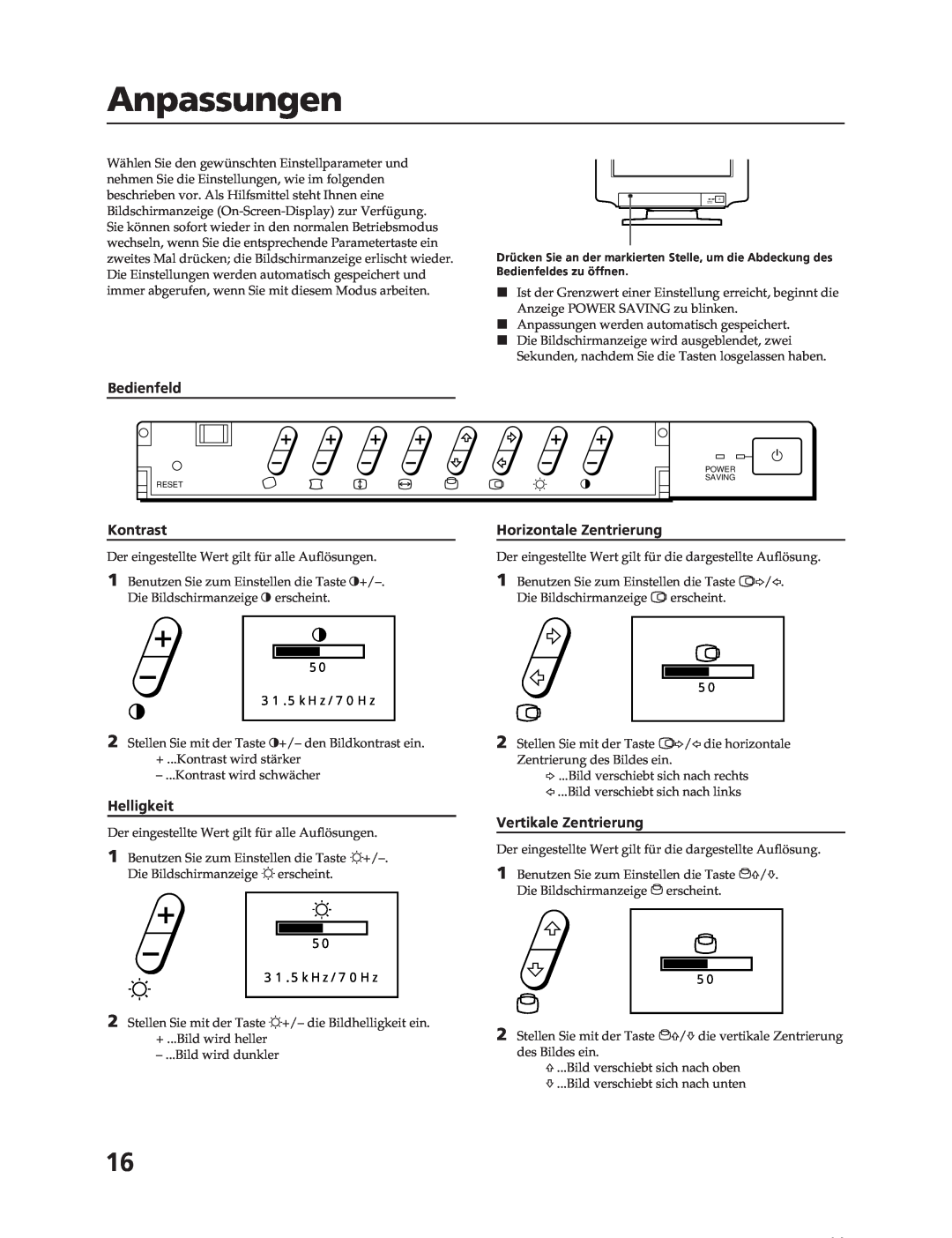 Sony CPD-17F03 manual Anpassungen, Bedienfeld, Kontrast, Helligkeit, Horizontale Zentrierung, Vertikale Zentrierung 