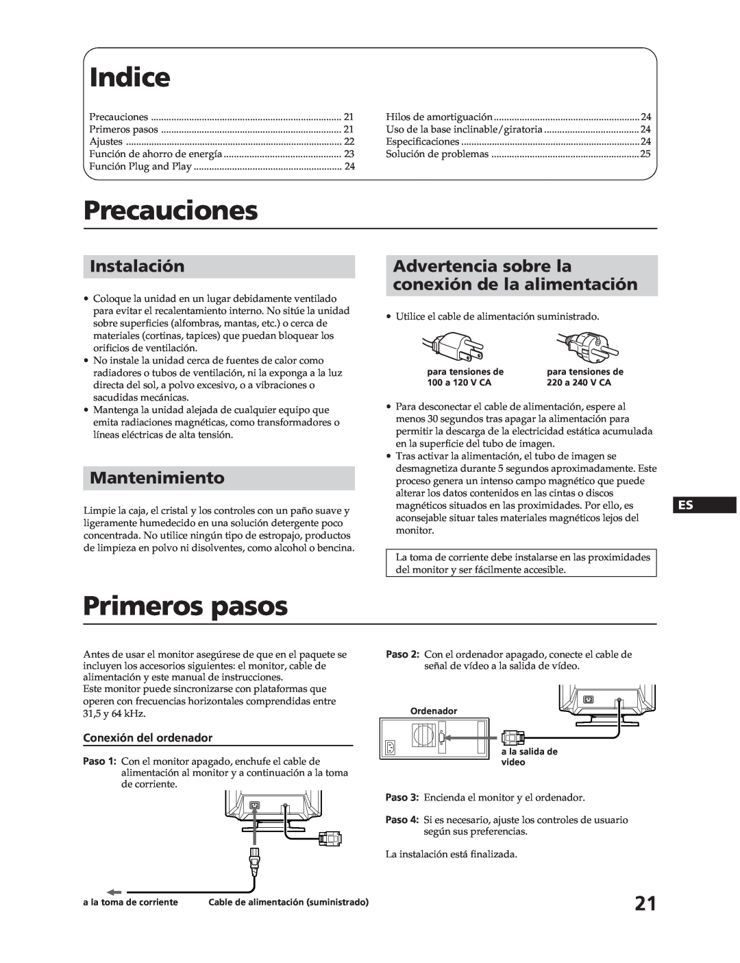 Sony CPD-17F03 manual Indice, Precauciones, Primeros pasos, Instalación, Mantenimiento, Conexión del ordenador 