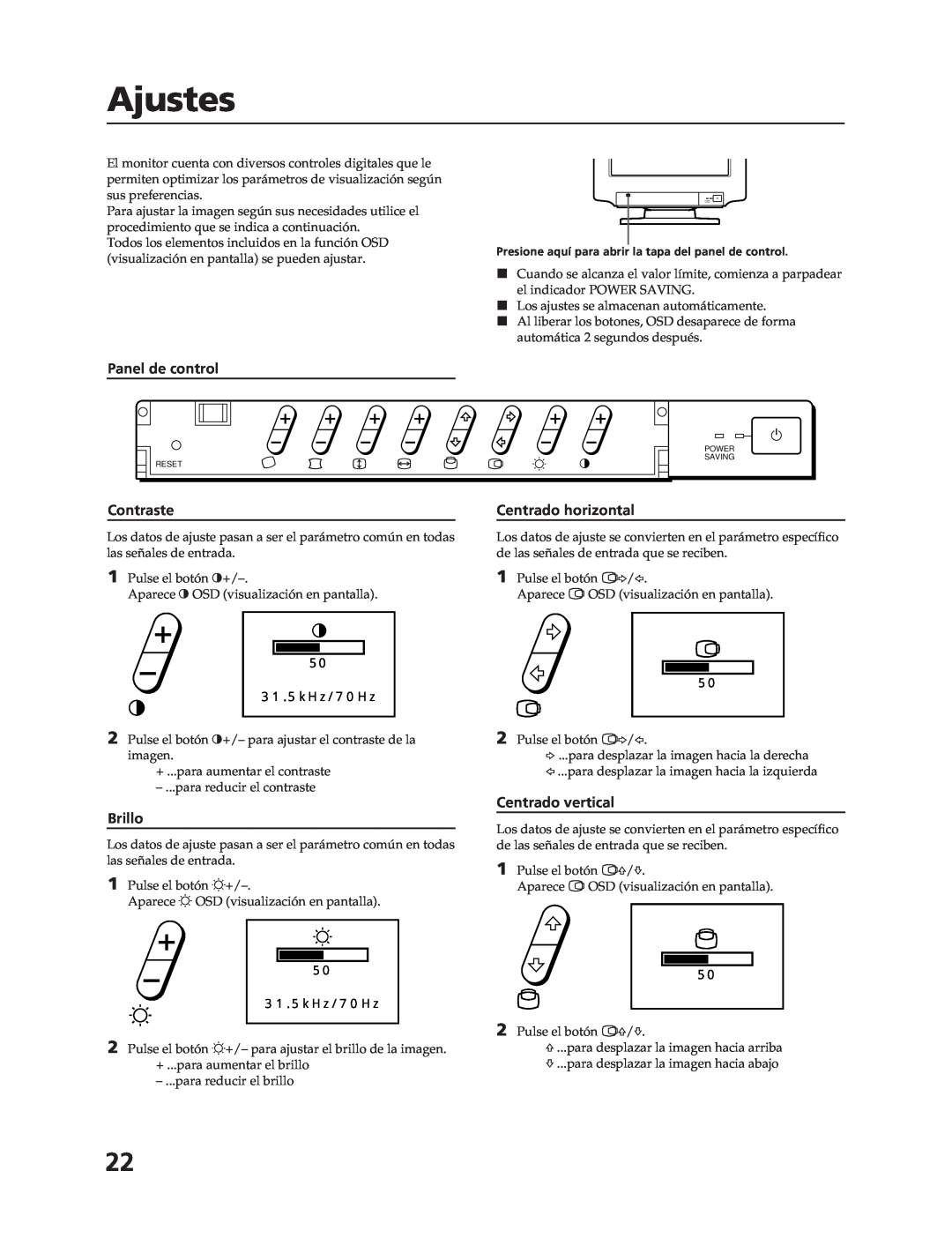Sony CPD-17F03 manual Ajustes, Panel de control, Brillo, Centrado horizontal, Centrado vertical, Contraste 