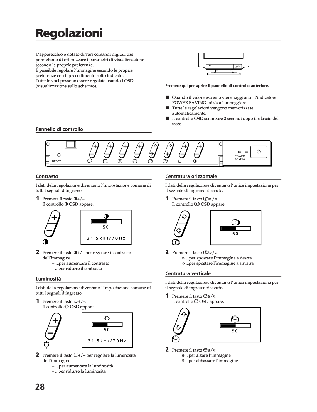 Sony CPD-17F03 Regolazioni, Pannello di controllo, Contrasto, Luminosità, Centratura orizzontale, Centratura verticale 
