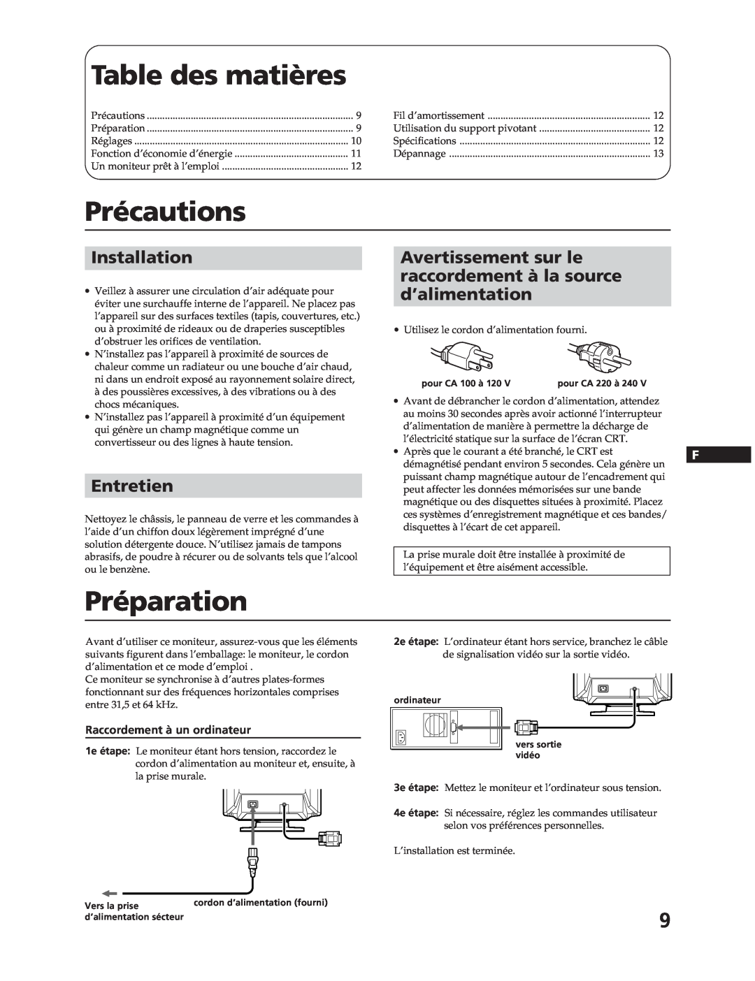 Sony CPD-17F03 manual Table des matières, Précautions, Préparation, Entretien, Raccordement à un ordinateur, Installation 