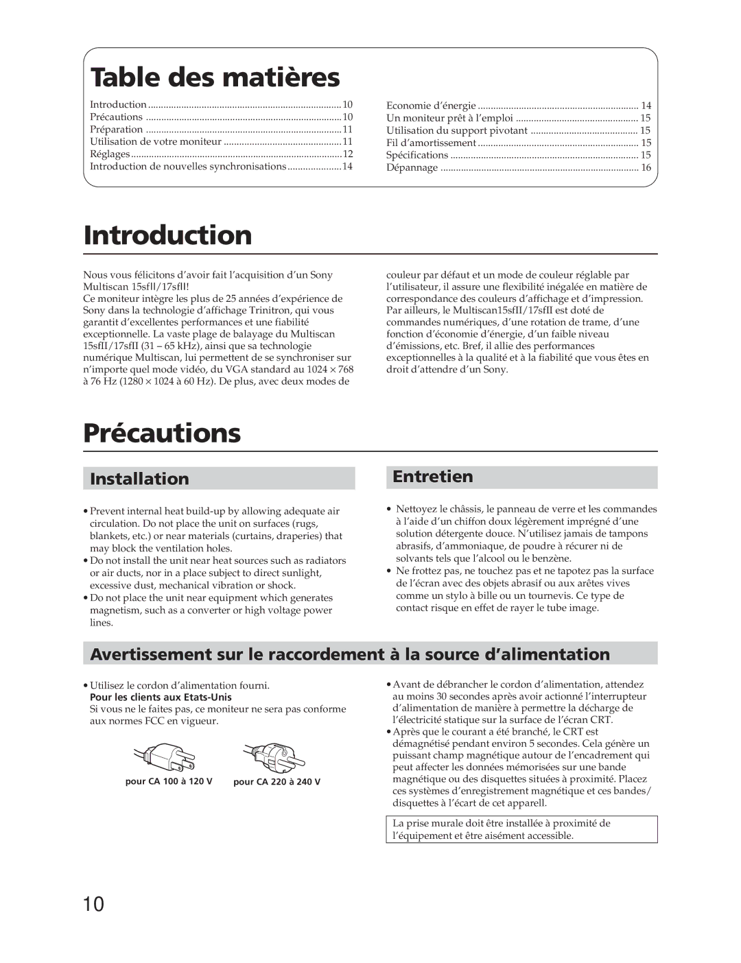 Sony CPD-17SF2, CPD-15SF2 manual Table des matières, Précautions, InstallationEntretien, Pour les clients aux Etats-Unis 