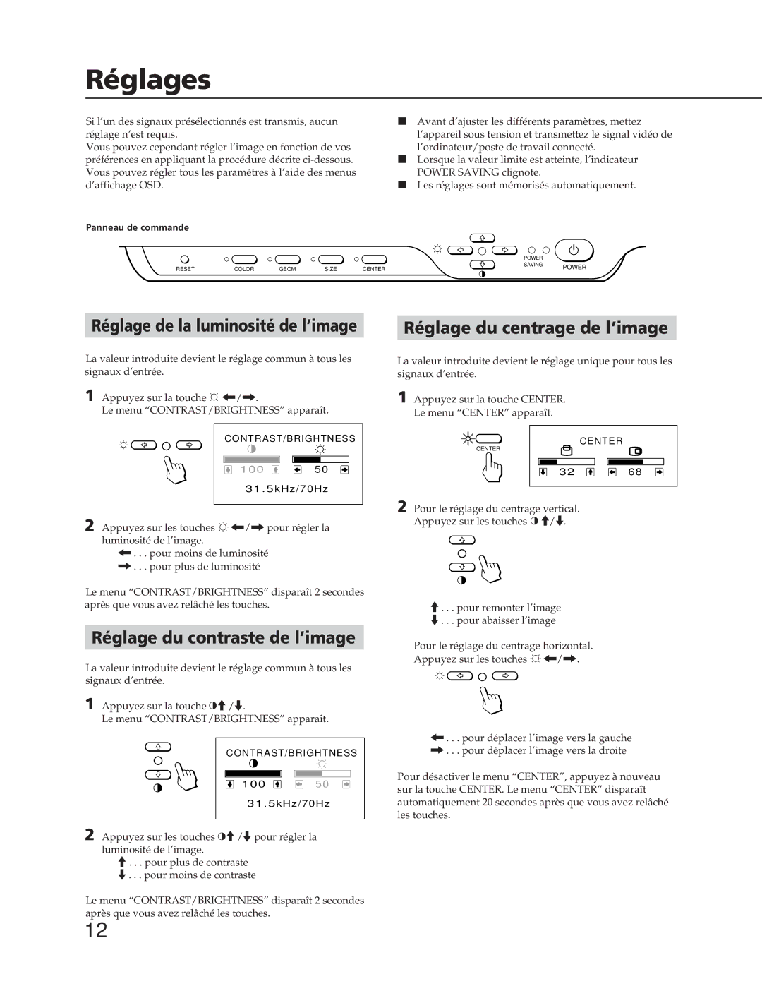 Sony CPD-17SF2, CPD-15SF2 manual Réglages, Réglage du centrage de l’image, Réglage du contraste de l’image 