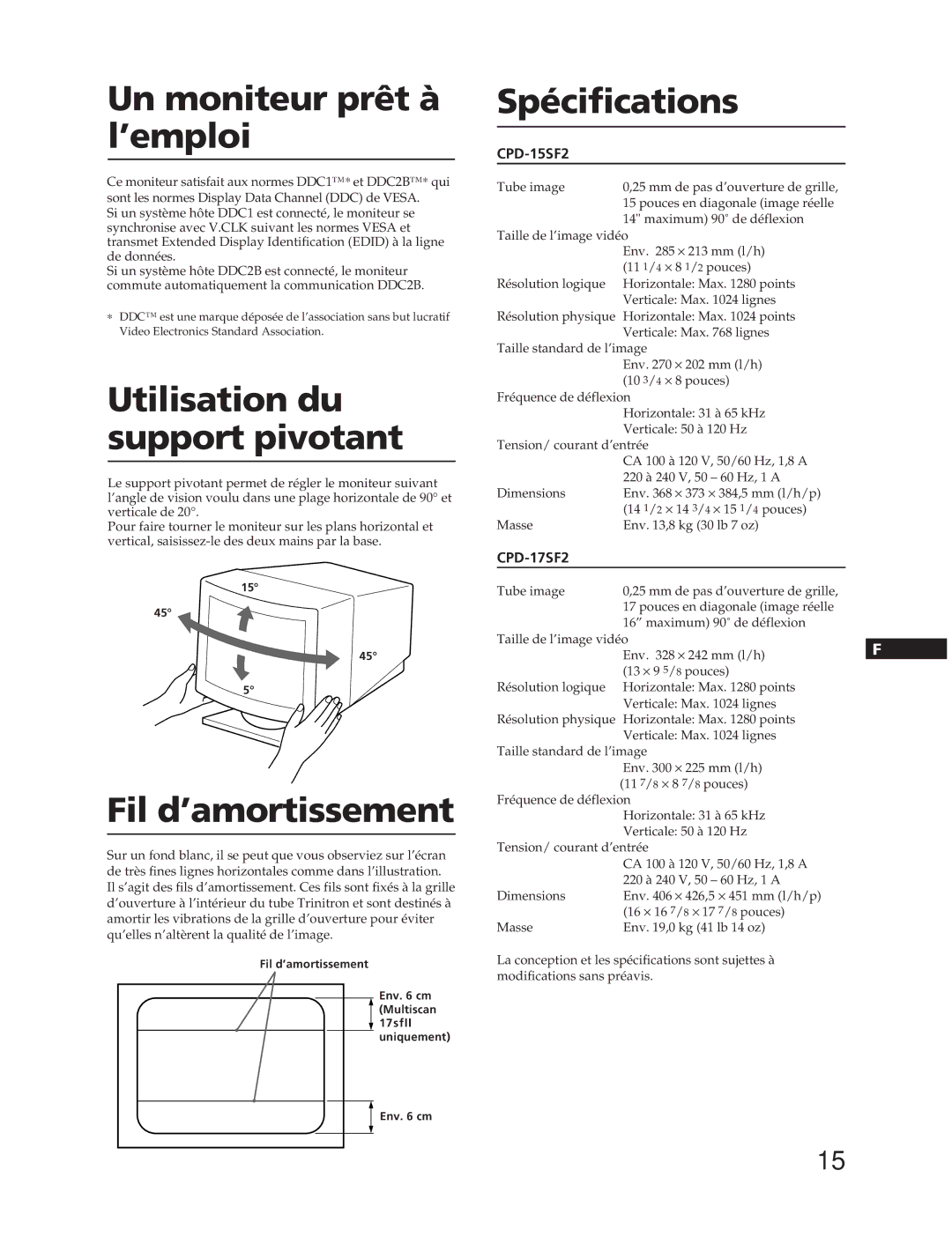 Sony CPD-15SF2 manual Un moniteur prêt à l’emploi, Utilisation du support pivotant, Fil d’amortissement, Spécifications 