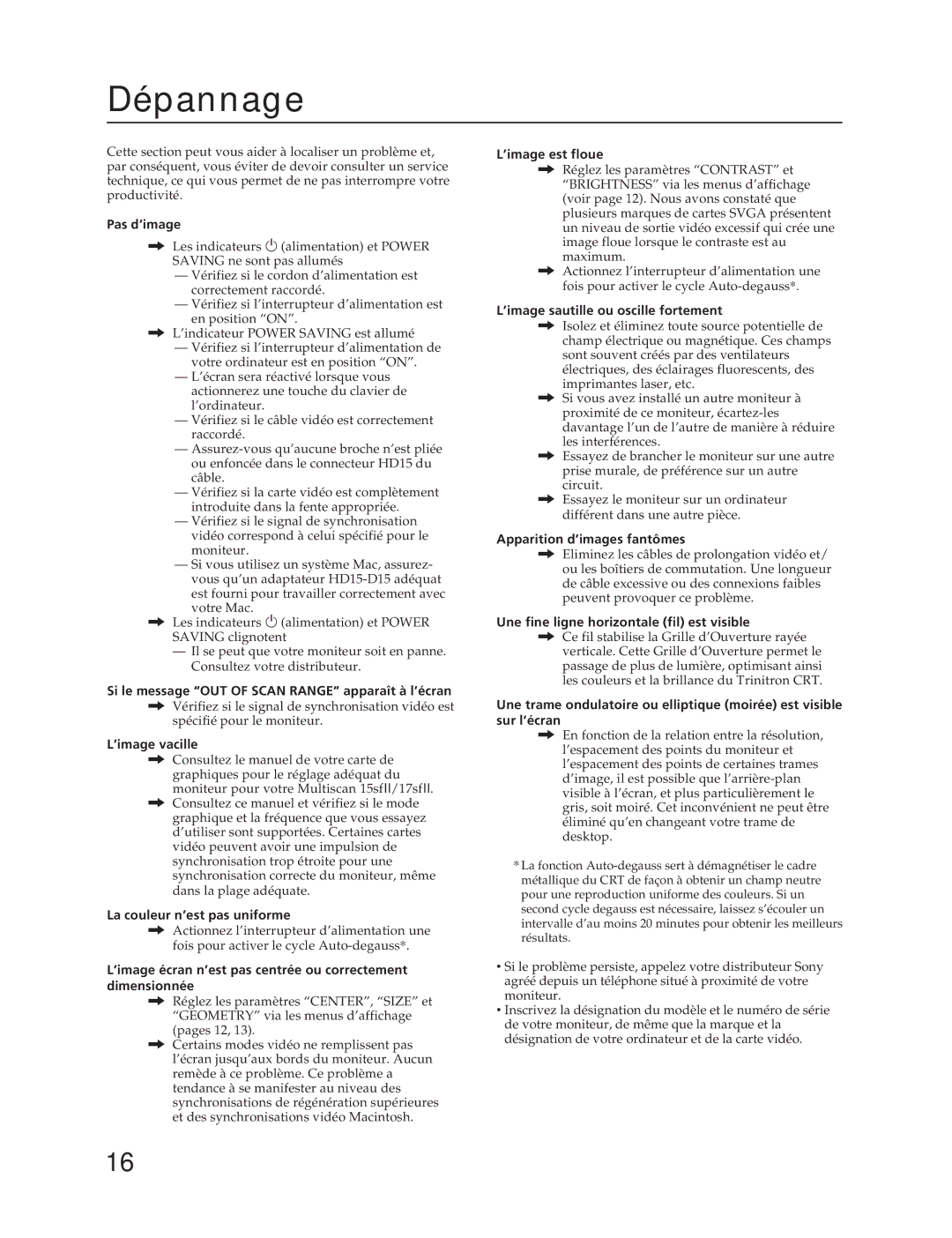 Sony CPD-17SF2, CPD-15SF2 manual Dépannage 