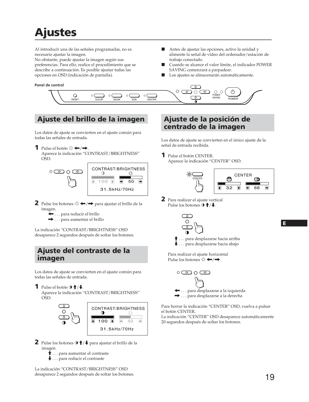 Sony CPD-15SF2, CPD-17SF2 manual Ajustes, Ajuste del brillo de la imagen, Ajuste del contraste de la imagen 