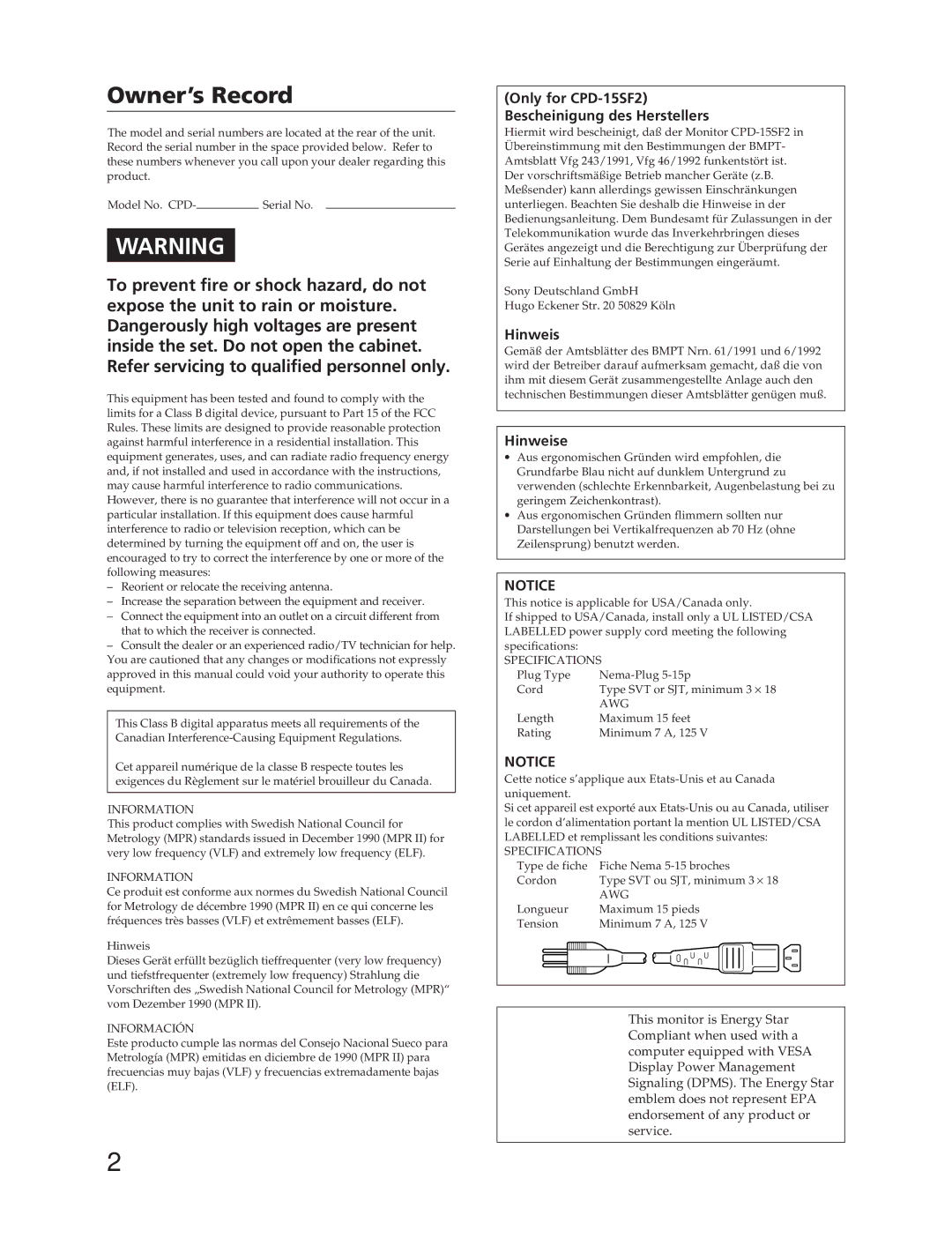 Sony CPD-17SF2, CPD-15SF2 manual Owner’s Record 